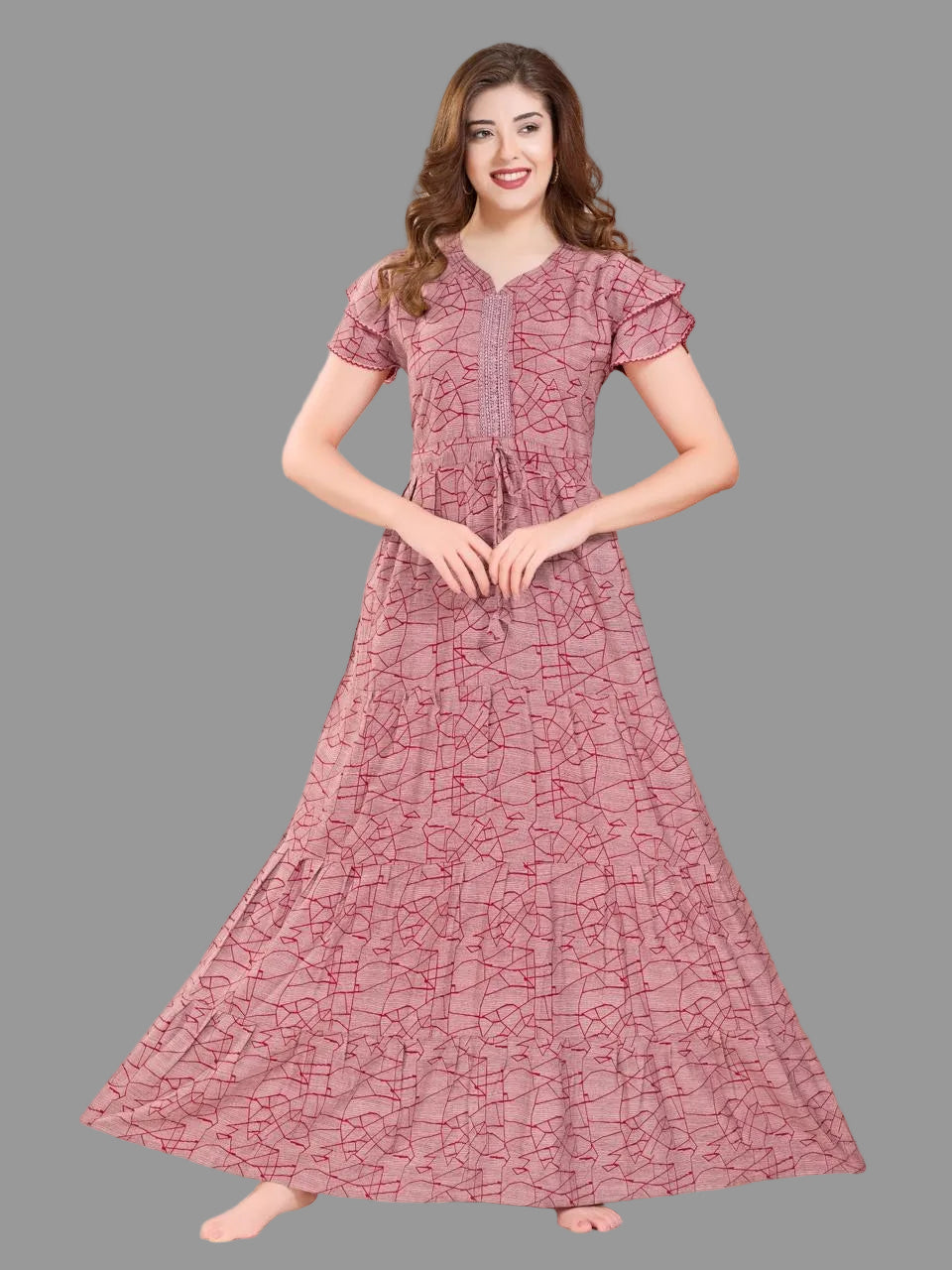 Stylish Arrivals Alpine Gathering Frock Model Night Gown's | Front Adjustable Gathering Style Rope Rope | Puff Sleeve | Trending Collection's for Stylish Women's (GFF)