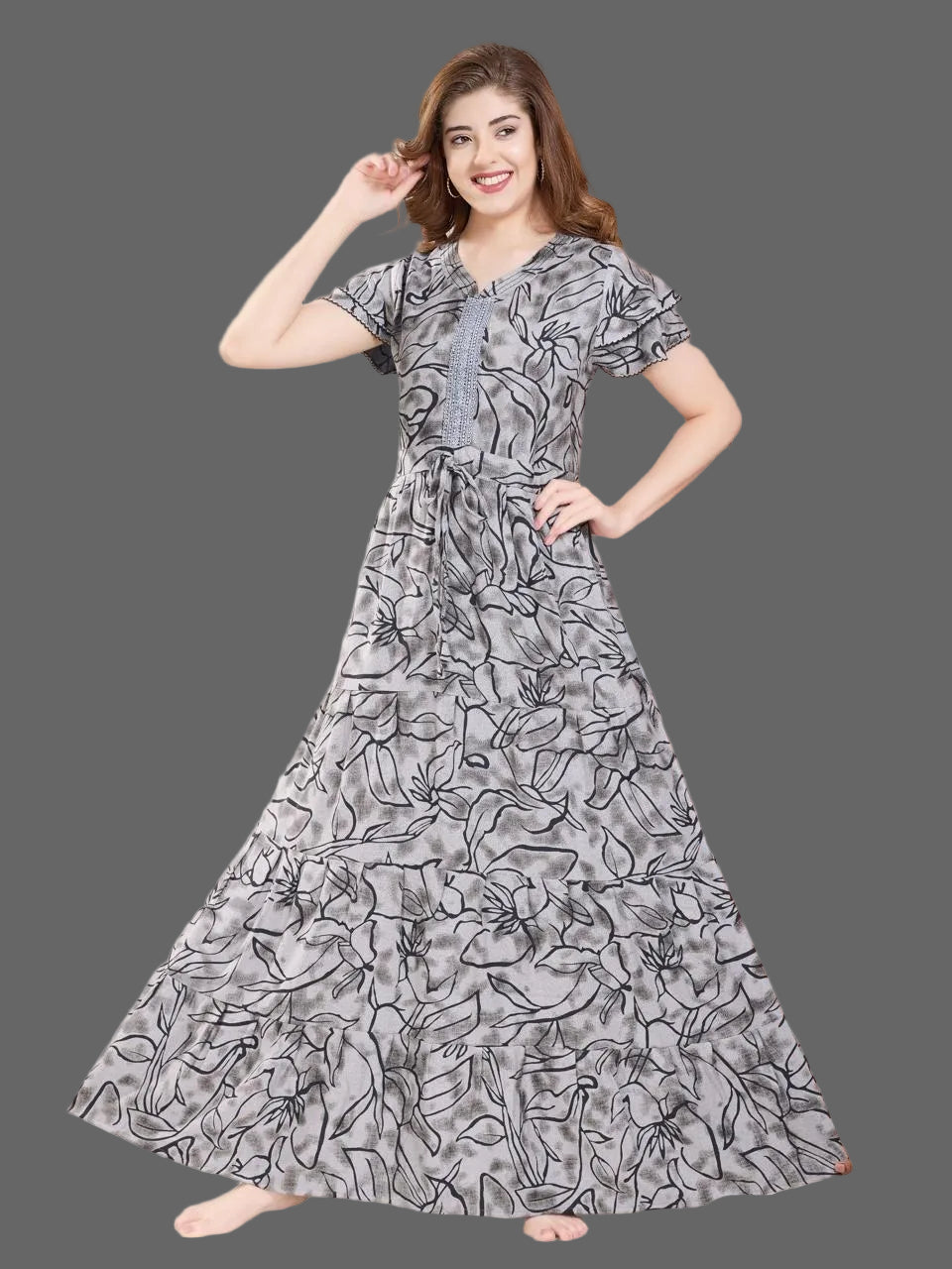 Stylish Arrivals Alpine Gathering Frock Model Night Gown's | Front Adjustable Gathering Style Rope Rope | Puff Sleeve | Trending Collection's for Stylish Women's (GFF)