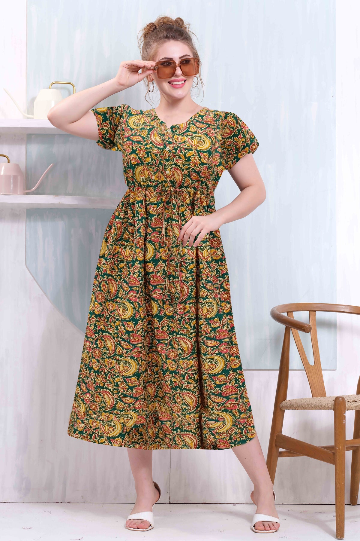 Cotton Gathering Frock for Summer Arrivals | Side Pocket | Button Closed | Elegant Casual Night Wear for Trendy Women's (FKC)