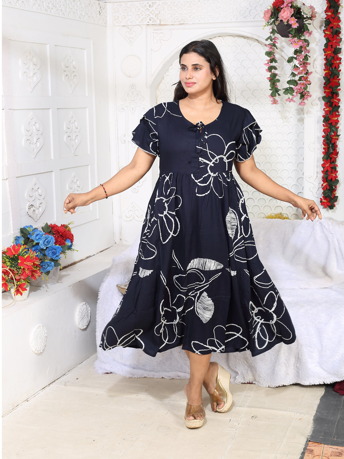 Rayon MAXI FROCK Model Nighties | Fancy Petal Sleeve | Fancy Neck & Side Pocket | Pleated Frock MAXI Style | Trendy Collection's for Stylish Women & Teenage Girl (FSF)