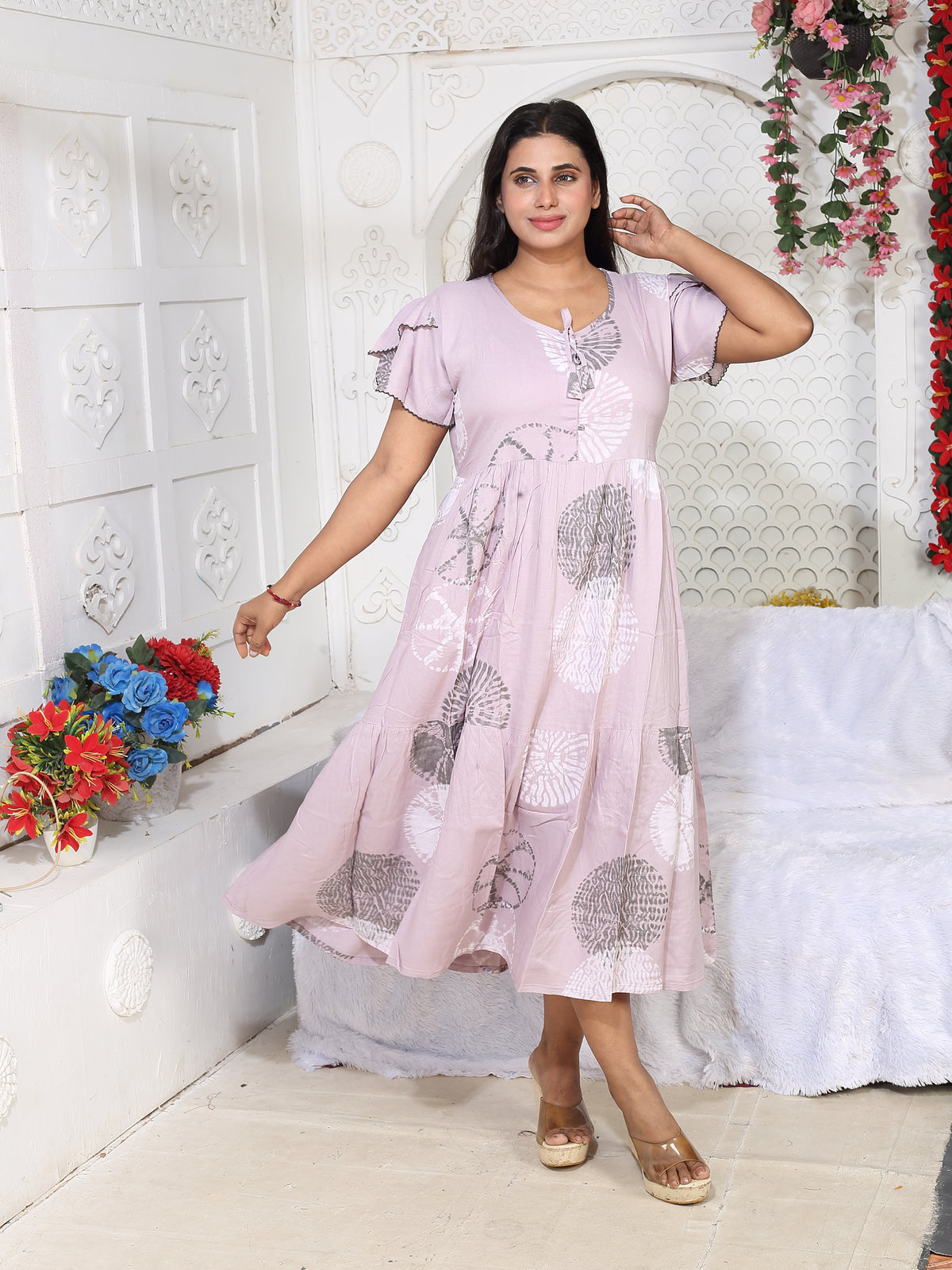 Rayon MAXI FROCK Model Nighties | Fancy Petal Sleeve | Fancy Neck & Side Pocket | Pleated Frock MAXI Style | Trendy Collection's for Stylish Women & Teenage Girl (FSF)