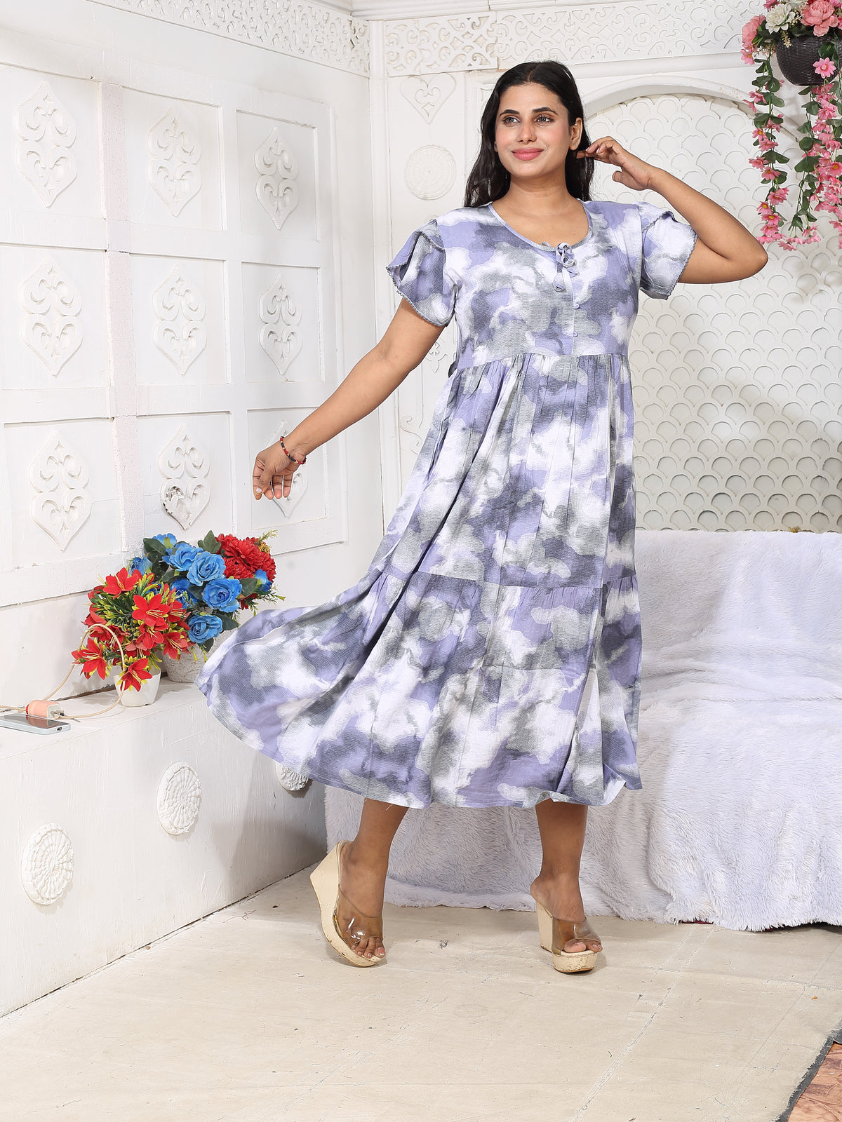 Rayon MAXI FROCK Model Nighties | Fancy Petal Sleeve | Fancy Neck & Side Pocket | Pleated Frock MAXI Style | Trendy Collection's for Stylish Women & Teenage Girl (FSF)