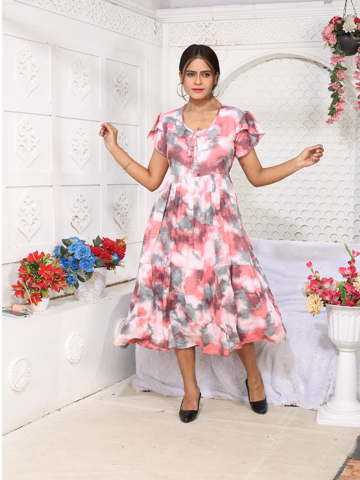 Rayon MAXI FROCK Model Nighties | Fancy Petal Sleeve | Fancy Neck & Side Pocket | Pleated Frock MAXI Style | Trendy Collection's for Stylish Women & Teenage Girl (FSF)