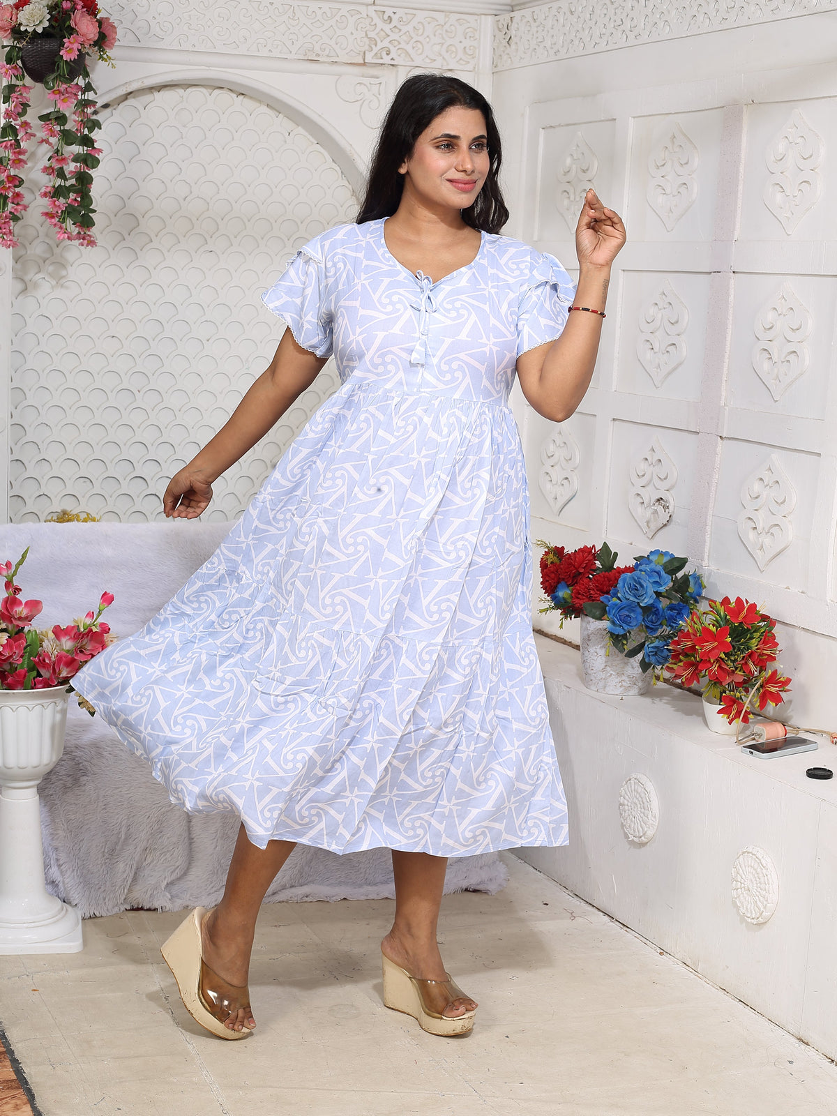 Rayon MAXI FROCK Model Nighties | Fancy Petal Sleeve | Fancy Neck & Side Pocket | Pleated Frock MAXI Style | Trendy Collection's for Stylish Women & Teenage Girl (FSF)