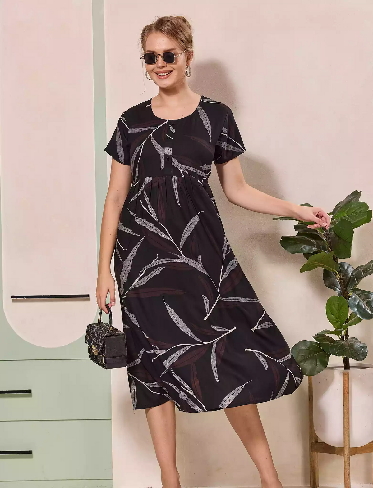 Leaf Print Button Front Casual Maxi Dress Style | Mangai Nighties
