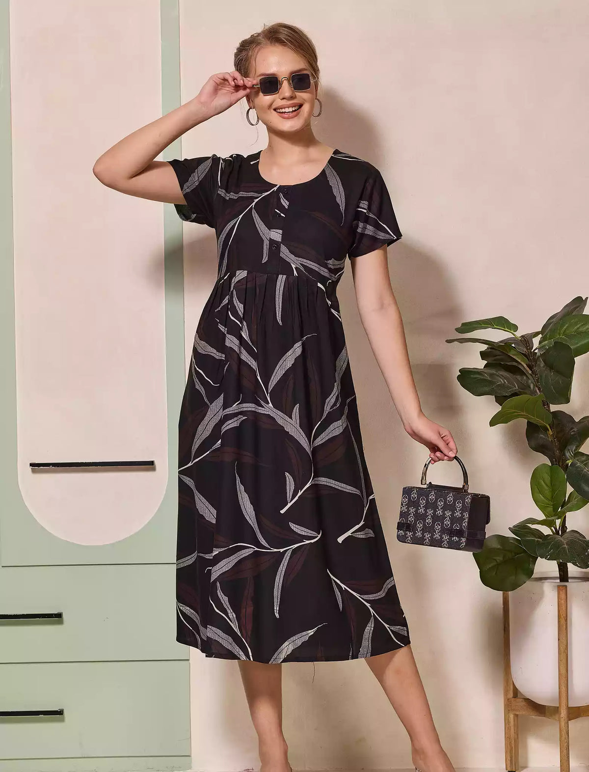 Leaf Print Button Front Casual Maxi Dress Style | Mangai Nighties
