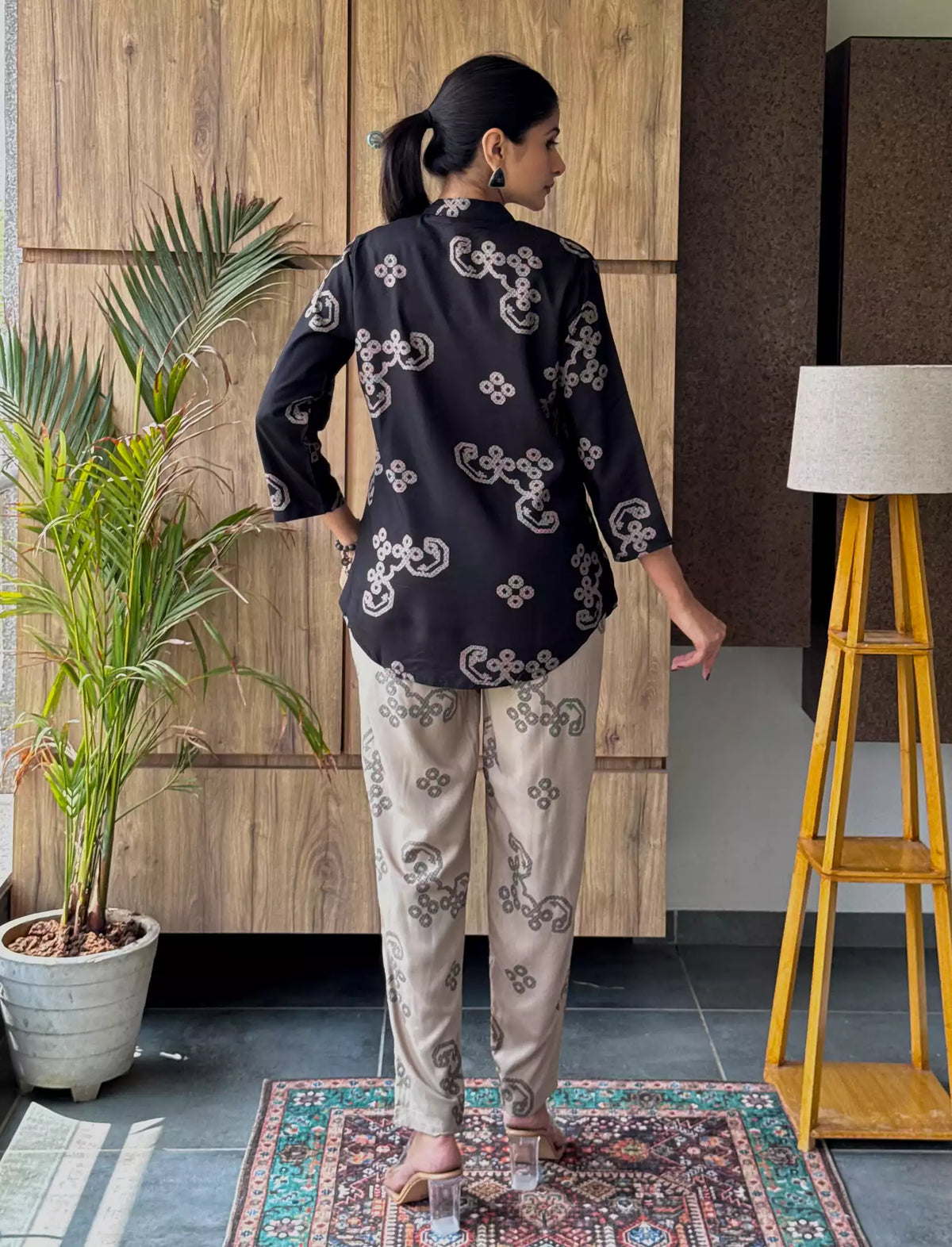 Black Ethnic Print Rayon Co-Ord Set for Women - Mangai Nighties