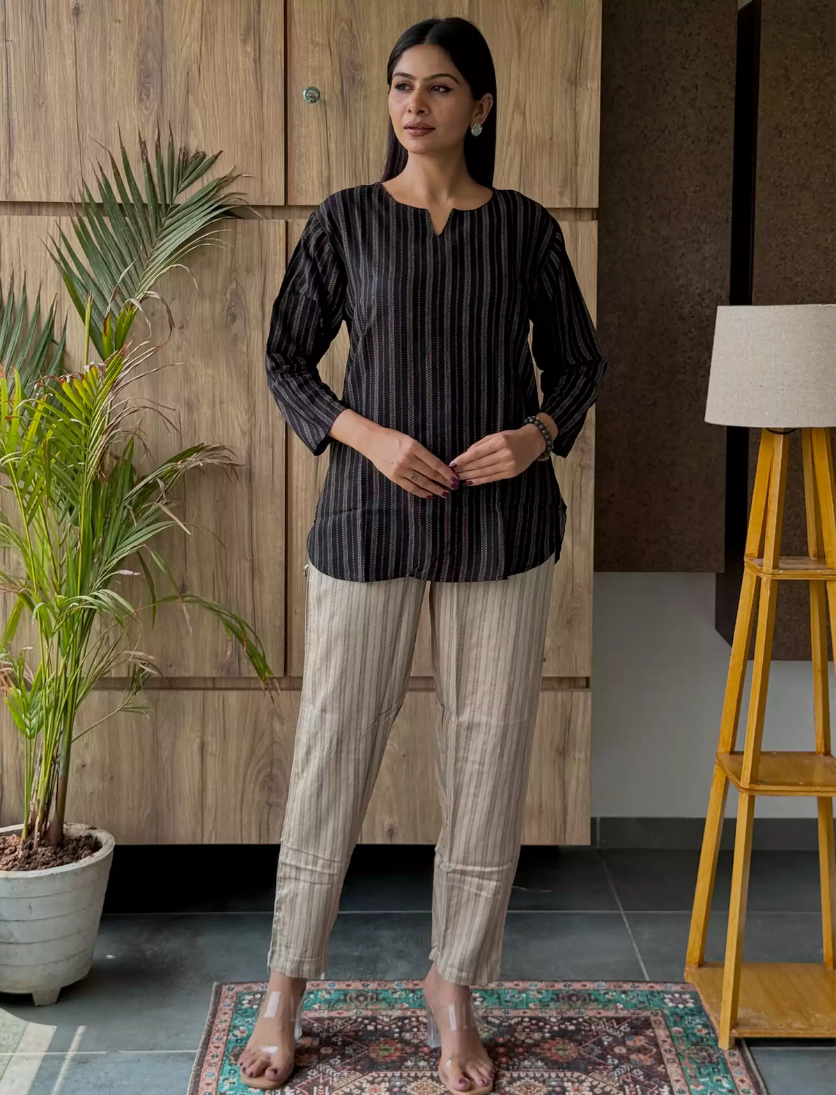 Black Stripe Print Rayon Co-Ord Set for Women Mangai Nighties