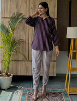 Brown Stripe Rayon Co-Ord Set for Women - Mangai Nighties