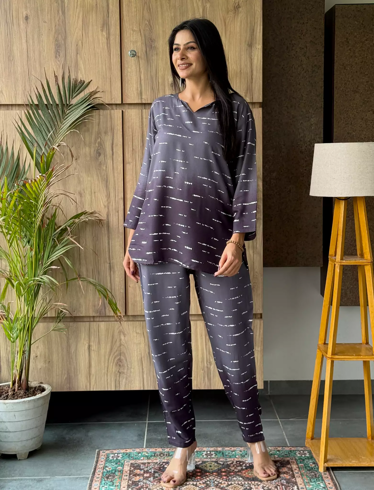 Grey Stripe Rayon Co-Ord Set for Women - Mangai Nighties
