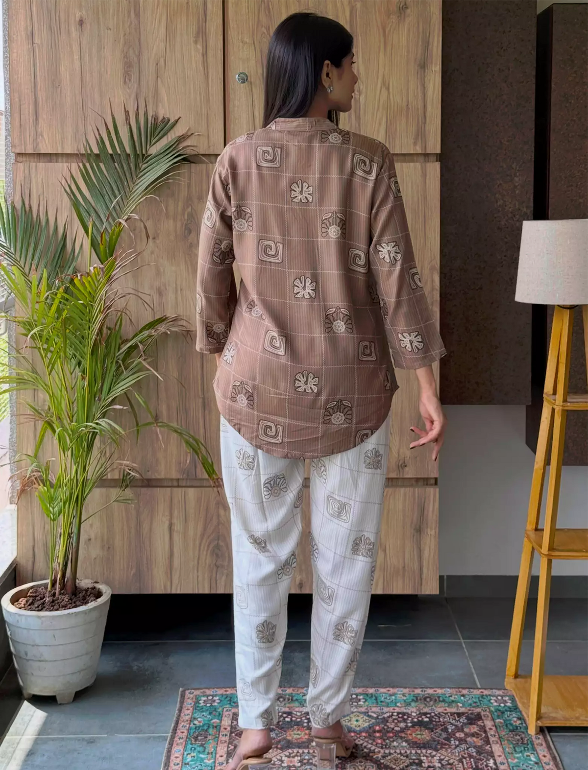 Brown Geometric Block Printed Rayon Co-Ord Set for Women - Mangai Nighties