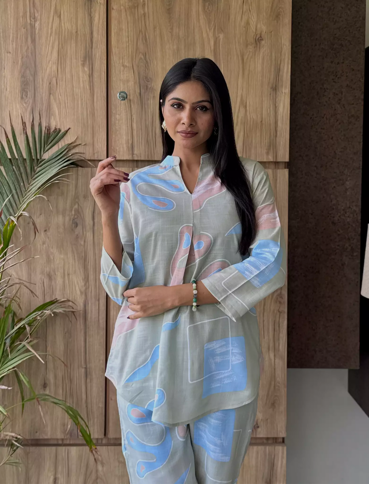 Sage Abstract Print Rayon Co-Ord Set for Women - Mangai Nighties