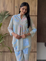 Sage Abstract Print Rayon Co-Ord Set for Women - Mangai Nighties