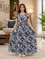 Premium Alpine 3-Layer Navy Bloom Maxi Frock – Botanical Print with Double Layer Flutter Sleeves, Square Neck & Adjustable Back Tie