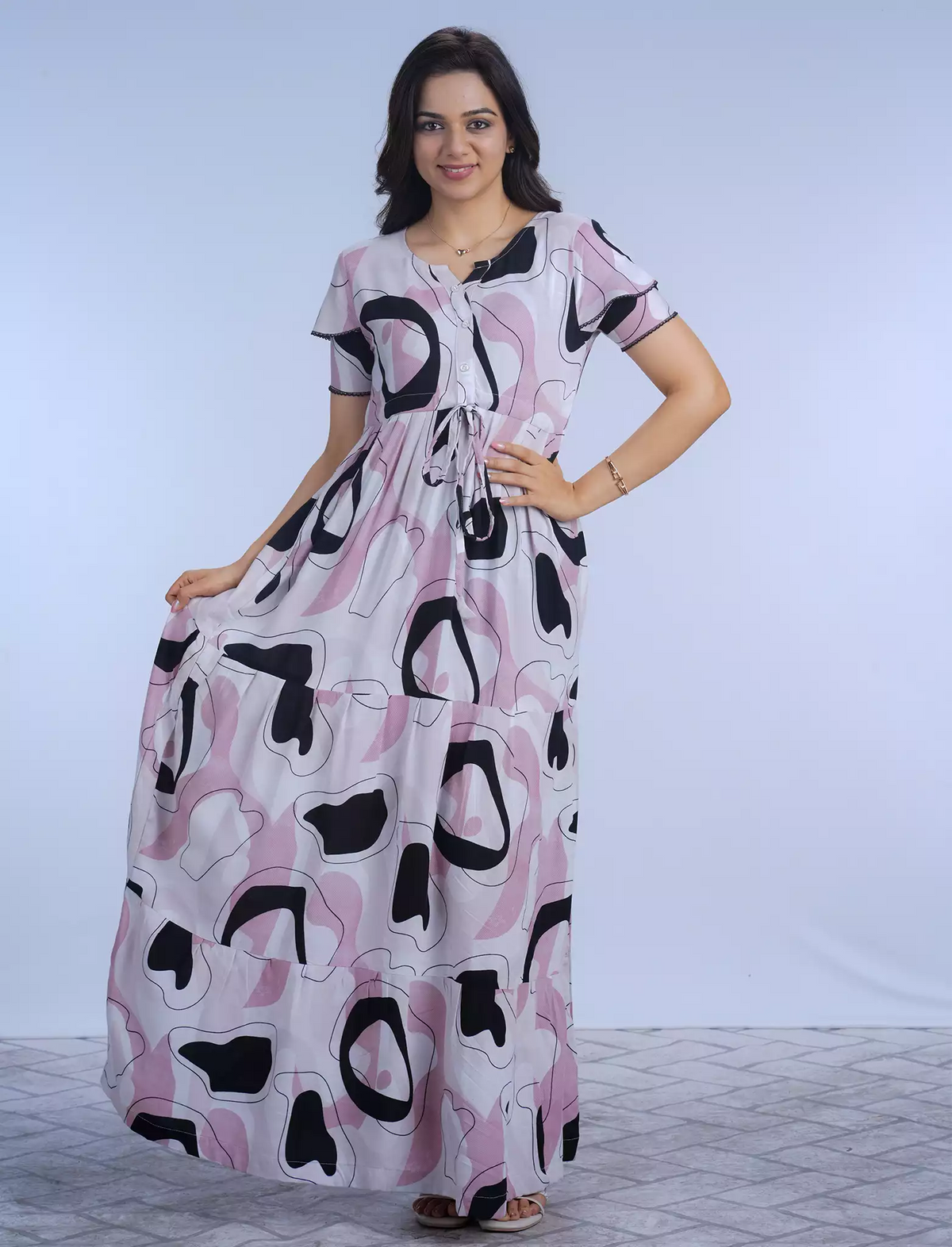 Abstract Printed Rayon Full Frock with Layer Sleeves with Front Gathering Tie - Mangai Nighties
