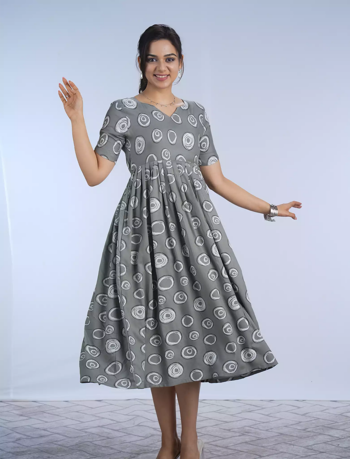 Festive Wear Stylish Grey Circle Print Rayon Maxi Frock with Back Tie - Mangai Nighties