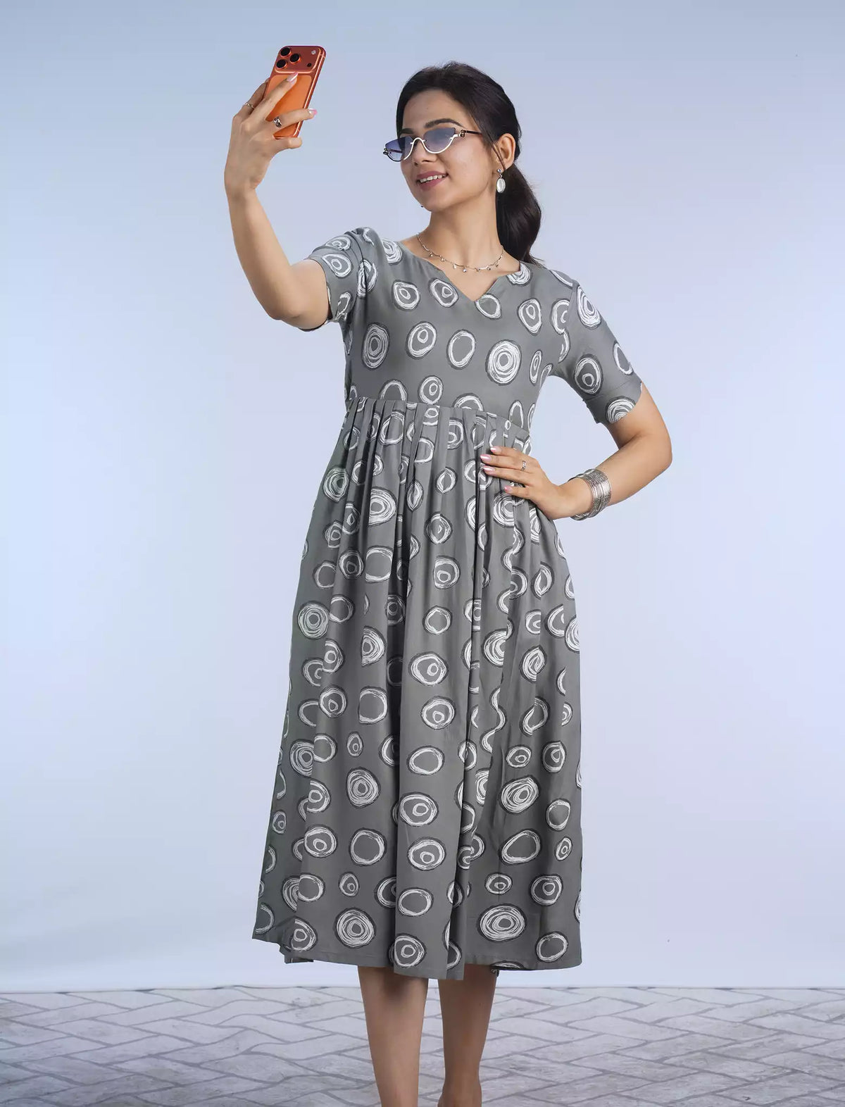 Festive Wear Stylish Grey Circle Print Rayon Maxi Frock with Back Tie - Mangai Nighties