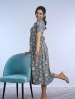 Festive Wear Stylish Grey Circle Print Rayon Maxi Frock with Back Tie - Mangai Nighties