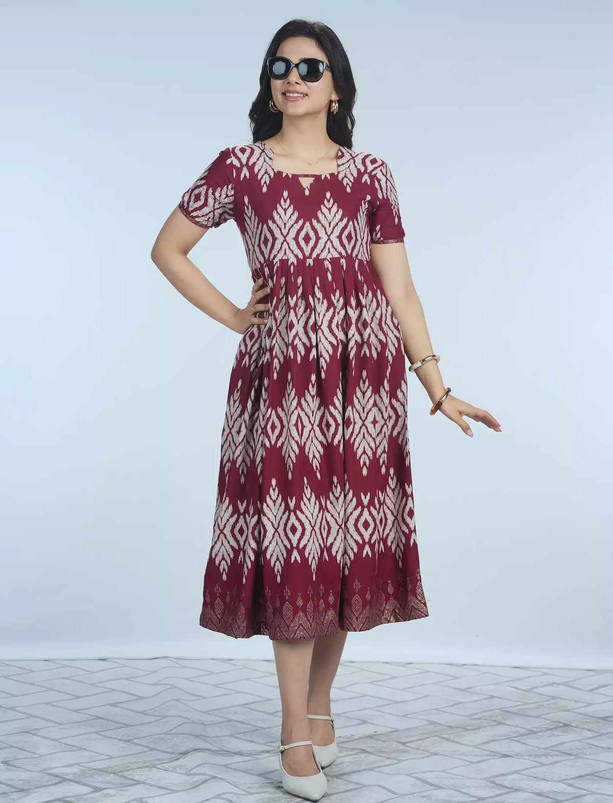 Ethnic Geometric Floral Print Maxi Frock with Back Tie Rope | Mangai Nighties