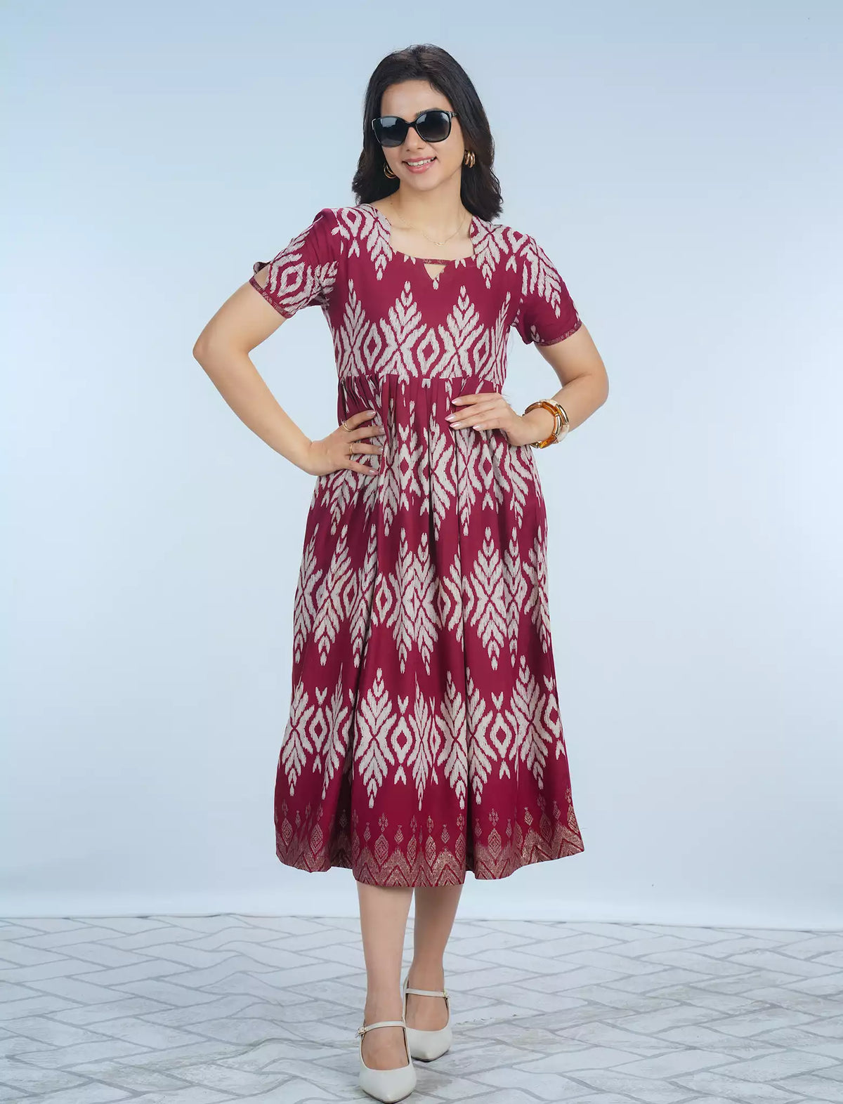 Ethnic Geometric Floral Print Maxi Frock with Back Tie Rope | Mangai Nighties