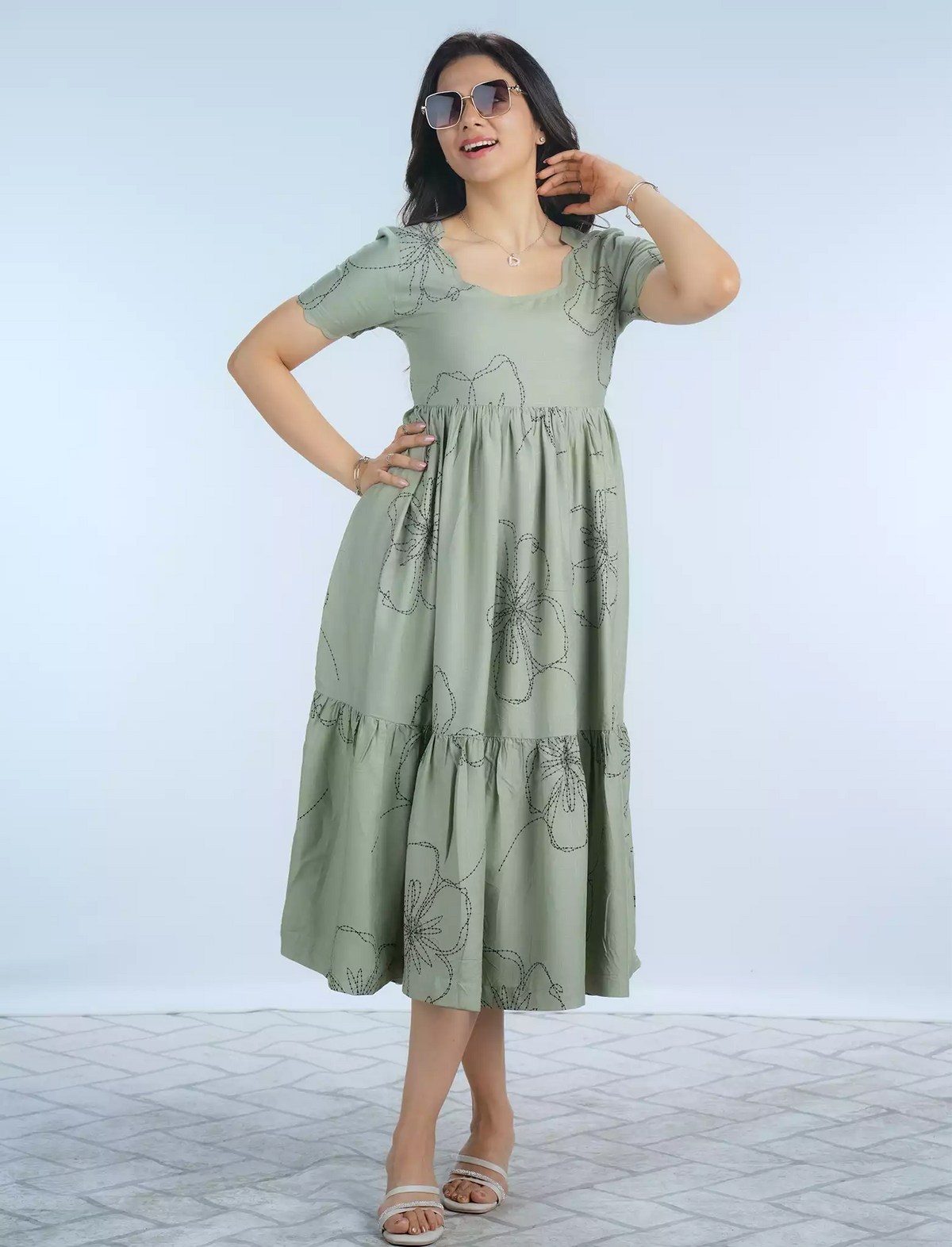 Rayon Festive Wear Floral Print Maxi Frock with Fancy Neck Mangai Nighties