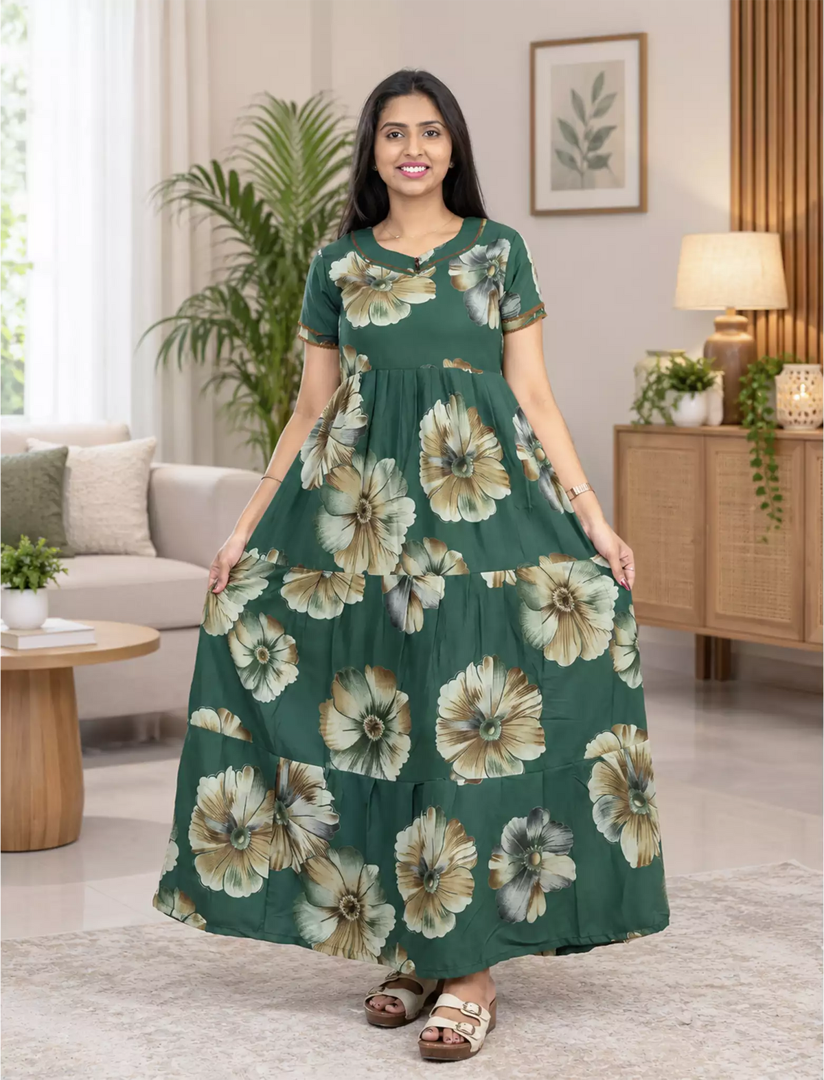Alpine Floral Print 3 Layer Frock with Back Tie - Mangai Nighties