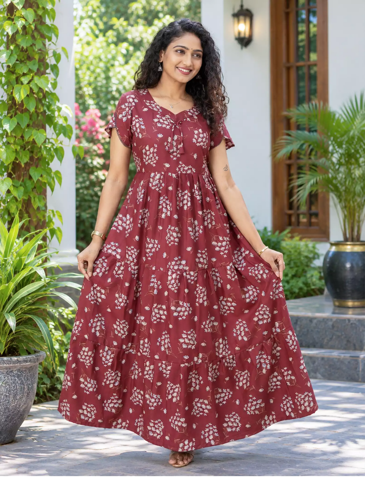 Alpine Floral Print Back Tie 3 Layer Full Frock - Mangai Nighties