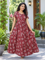 Alpine Floral Print Back Tie 3 Layer Full Frock - Mangai Nighties