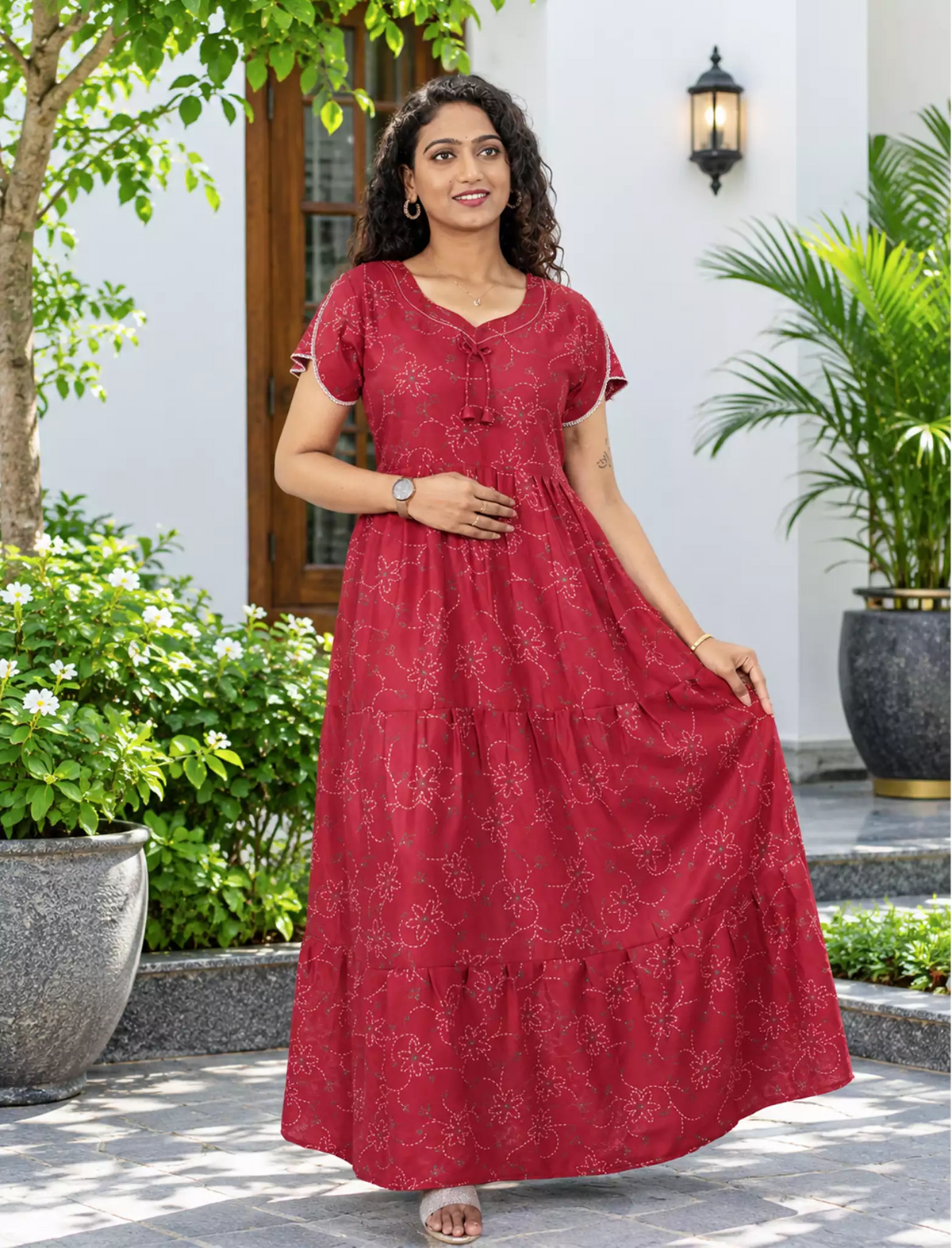 Alpine Floral Print Petal Sleeve Full Frock - Mangai Nighties