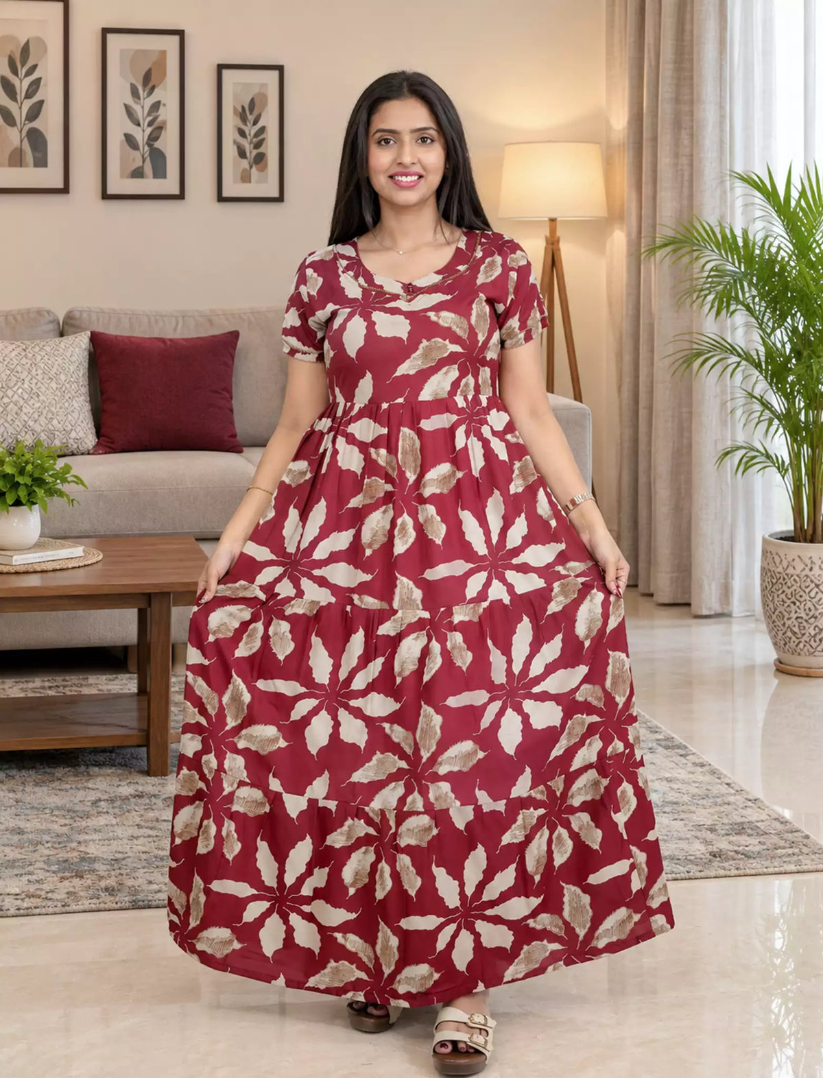 Alpine Tropical Leaf Print 3 Layer Frock with Back Tie - Mangai Nighties