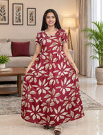 Alpine Tropical Leaf Print 3 Layer Frock with Back Tie - Mangai Nighties