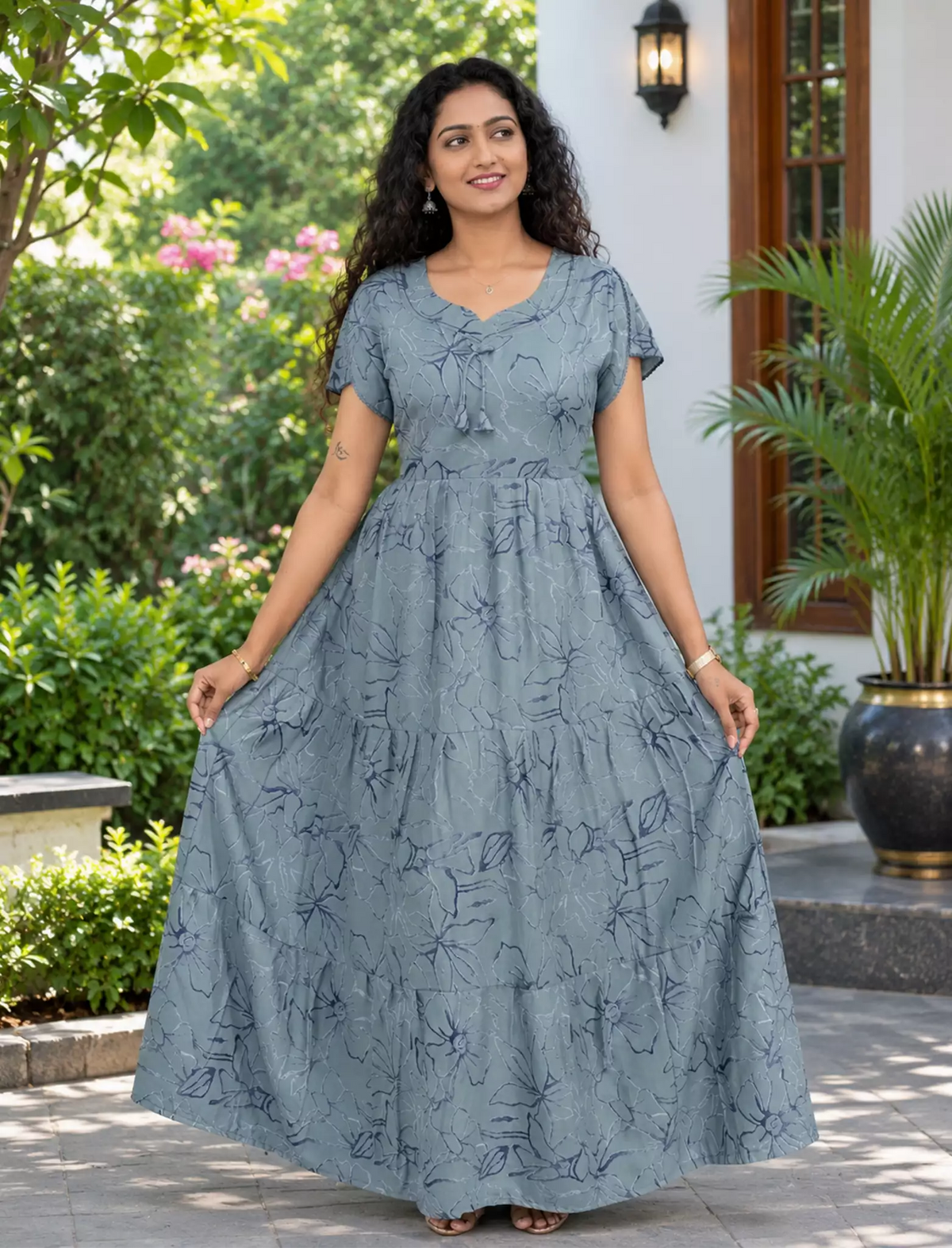 Alpine Floral Print 3 Layer Flared Full Frock with Side Pocket - Mangai Nighties