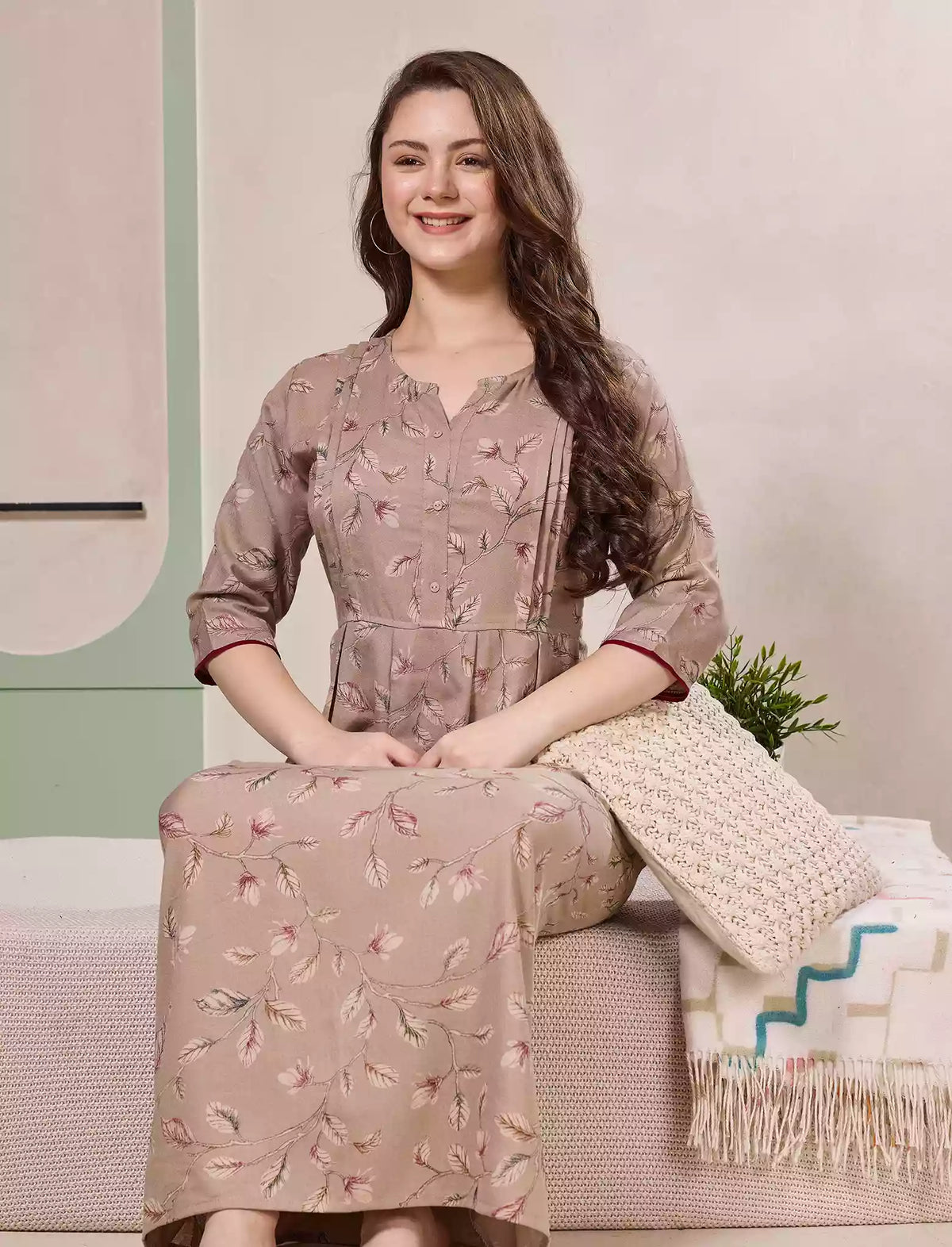 Beige Round neck Alpine Kurti Style Long Sleeve - Mangai Nighties