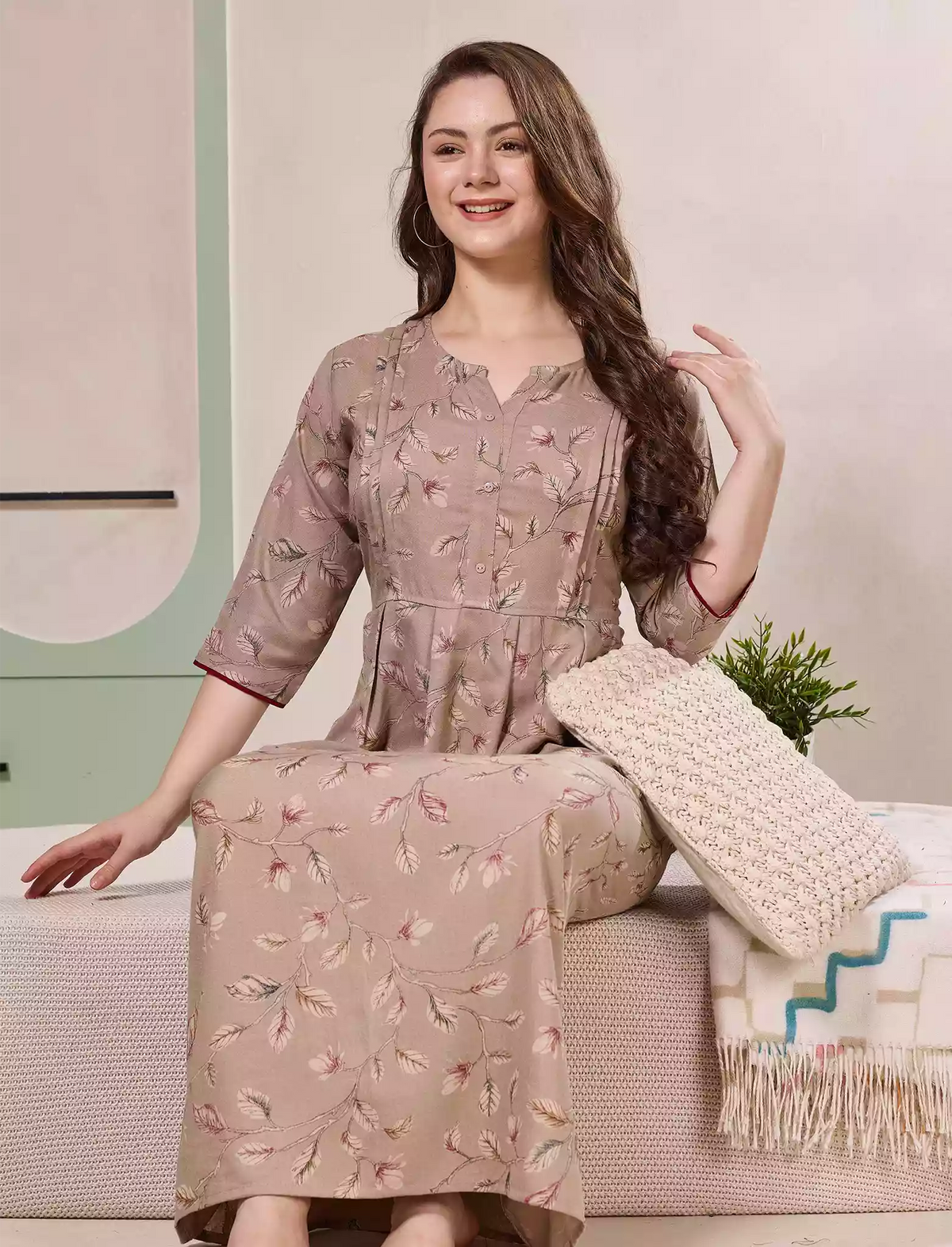 Beige Alpine Kurti with 3/4 long Sleeves - Mangai Nighties