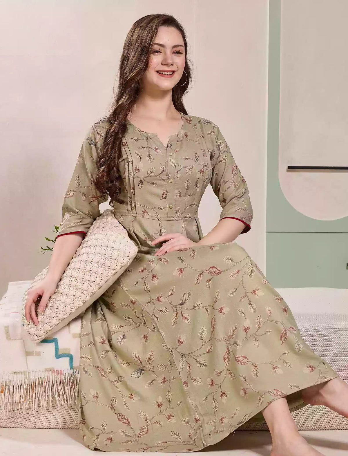 Mint Green Alpine Kurti with 3/4 long Sleeves - Mangai Nighties