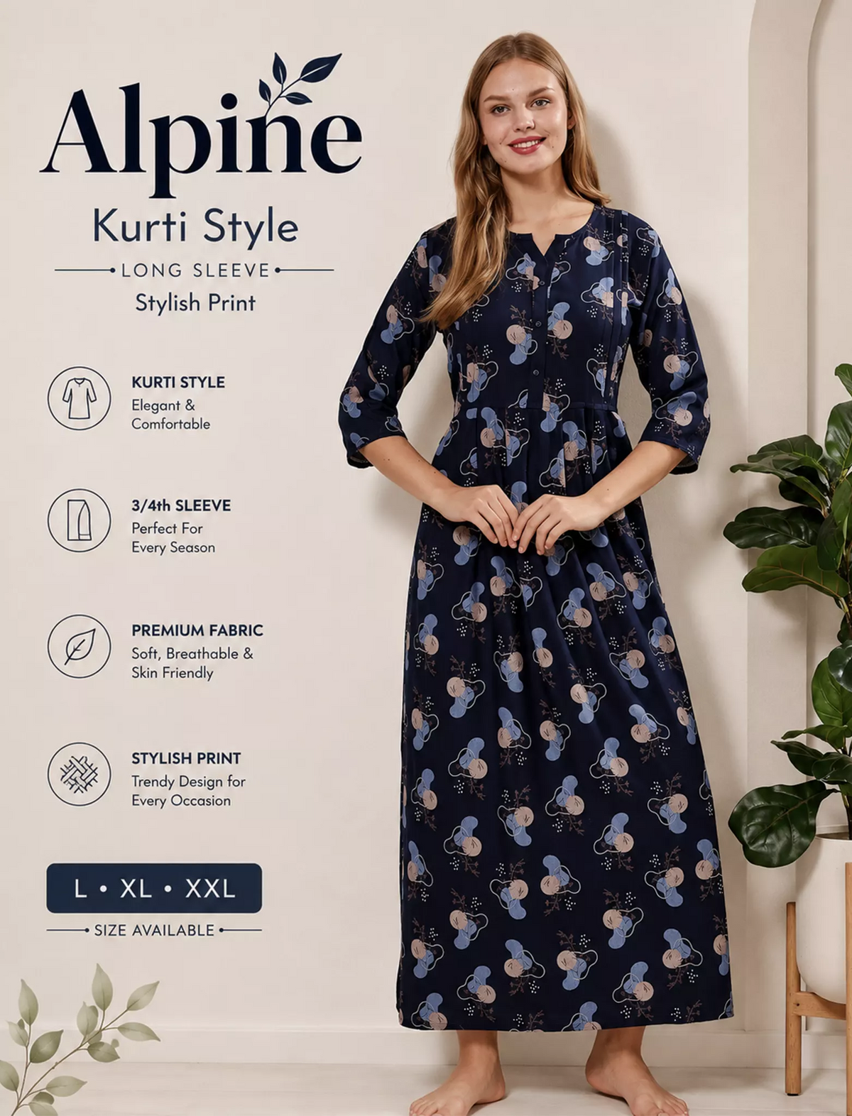 Navy Alpine Kurti without Zipper - Mangai Nighties