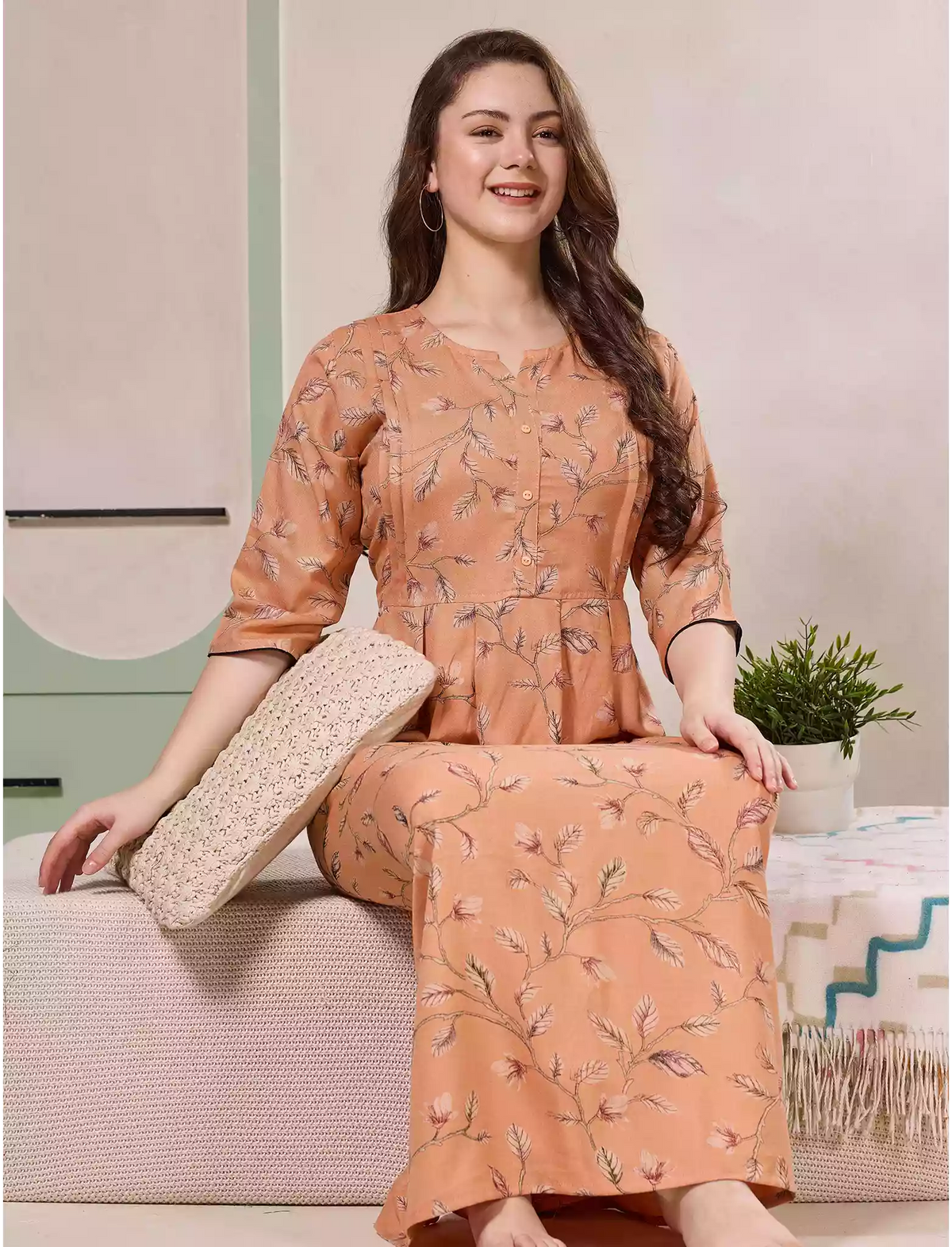 Orange Long Sleeve Alpine Kurti Style Button Closed - Mangai Nighties