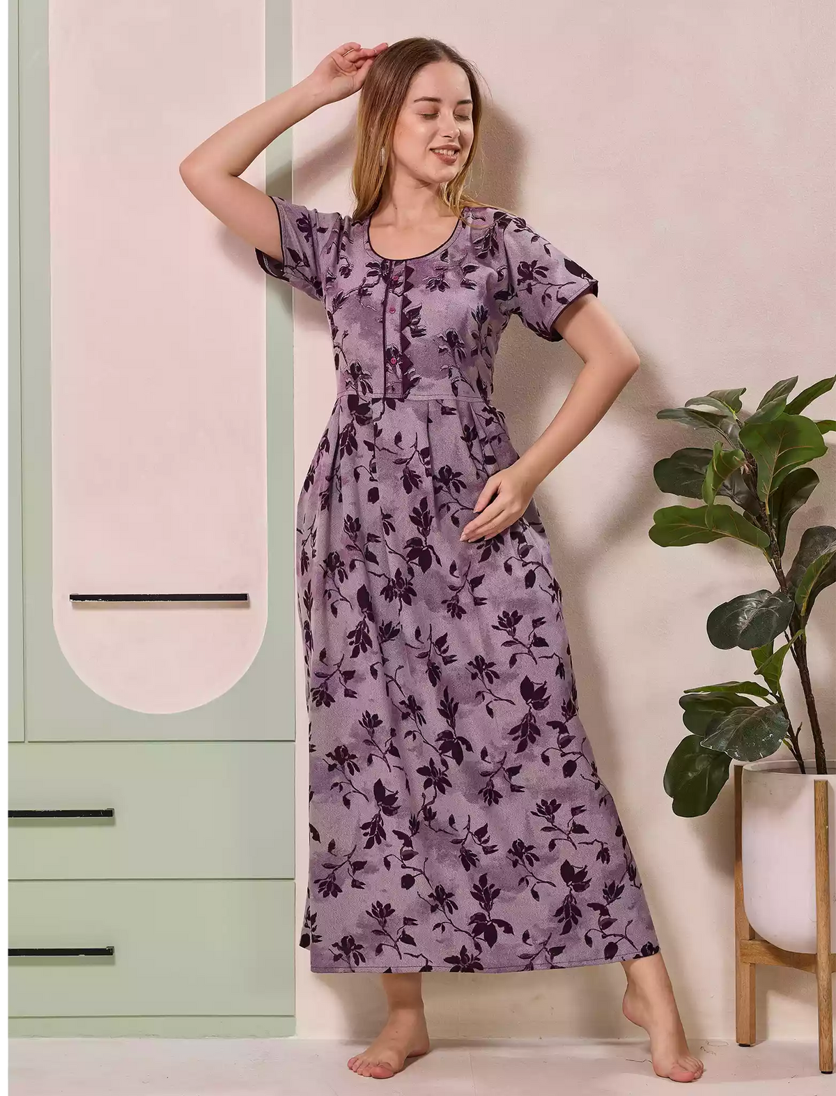 Alpine Floral Print Kurti Style Nighty With Pocket - Mangai Nighties