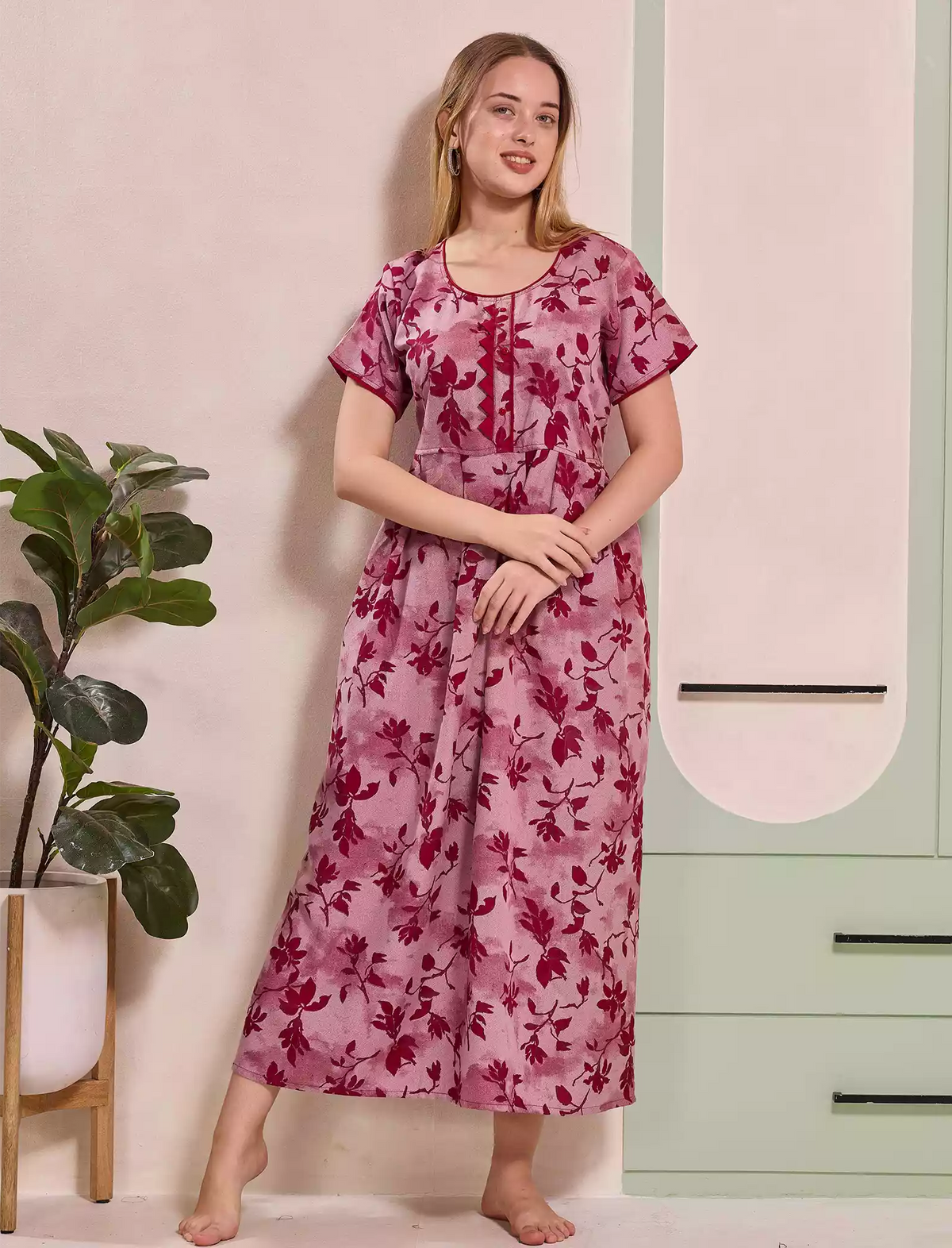 Alpine Floral Print Kurti Style Nighty With Pocket - Mangai Nighties