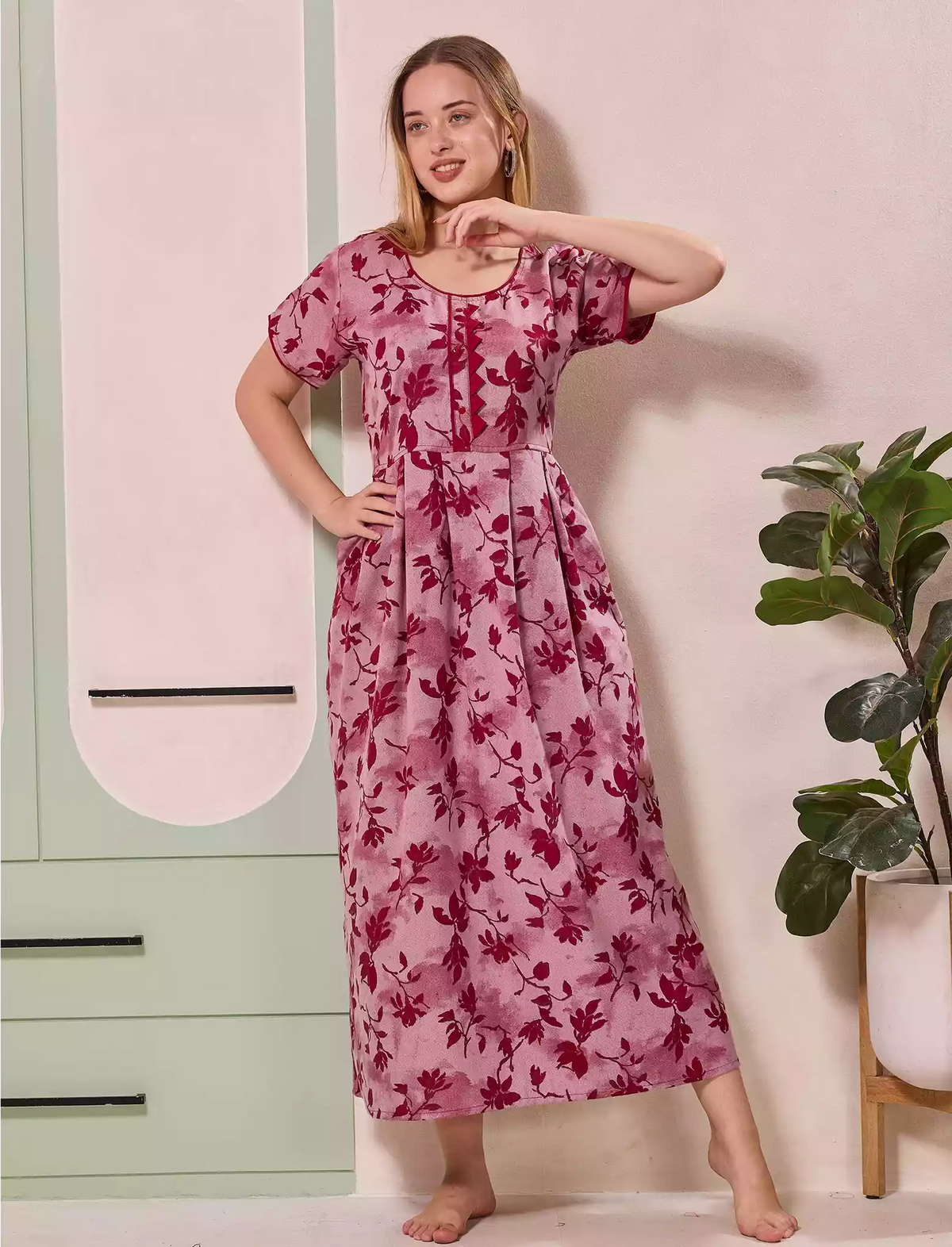 Alpine Floral Print Kurti Style Nighty With Pocket - Mangai Nighties