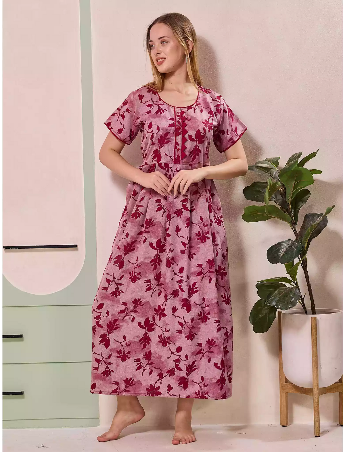 Alpine Floral Print Kurti Style Nighty With Pocket - Mangai Nighties