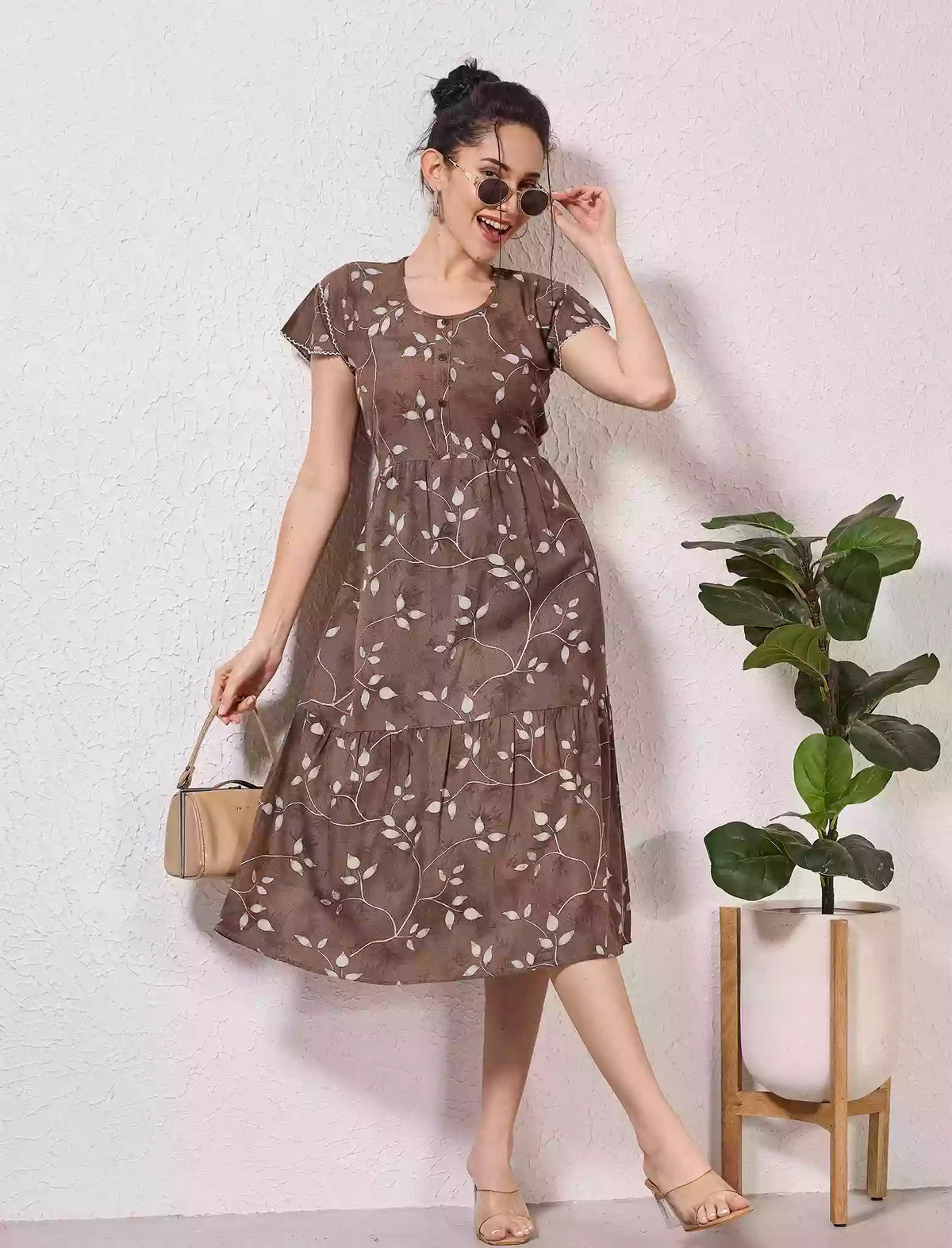 Alpine Petal Sleeve Floral Printed Maxi Dress Elegance - Mangai Nighties