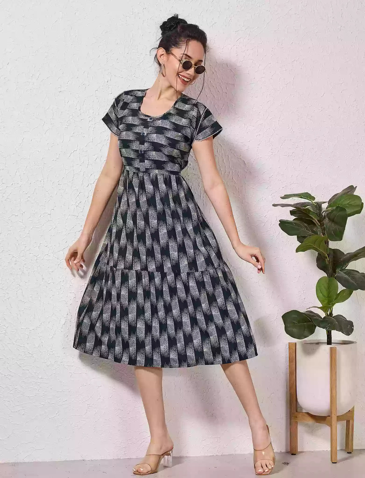 Alpine Petal Sleeve Floral Print Maxi Dress Fit With Side Pocket - Mangai Nighties