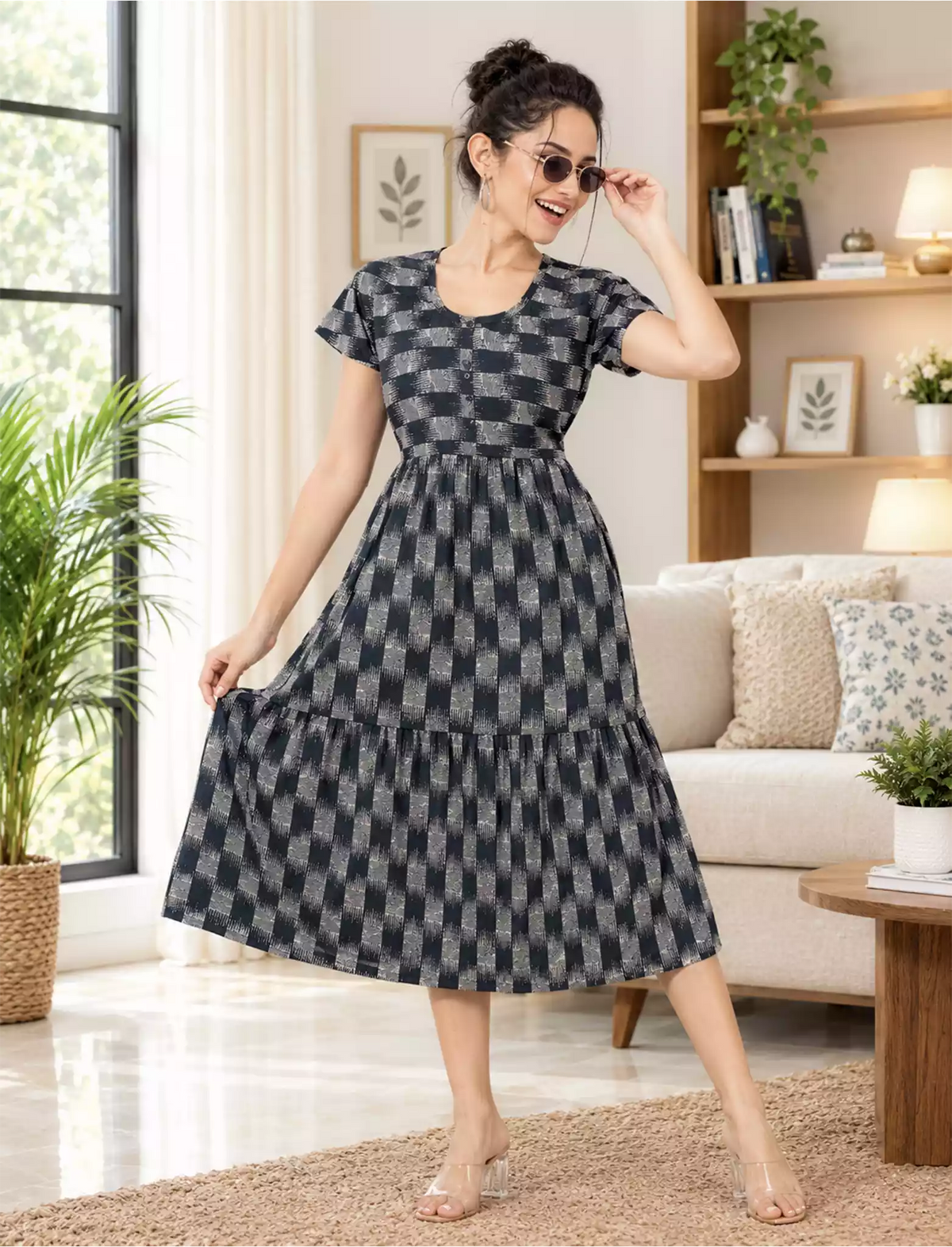 Alpine Petal Sleeve Floral Print Maxi Dress Fit With Side Pocket - Mangai Nighties