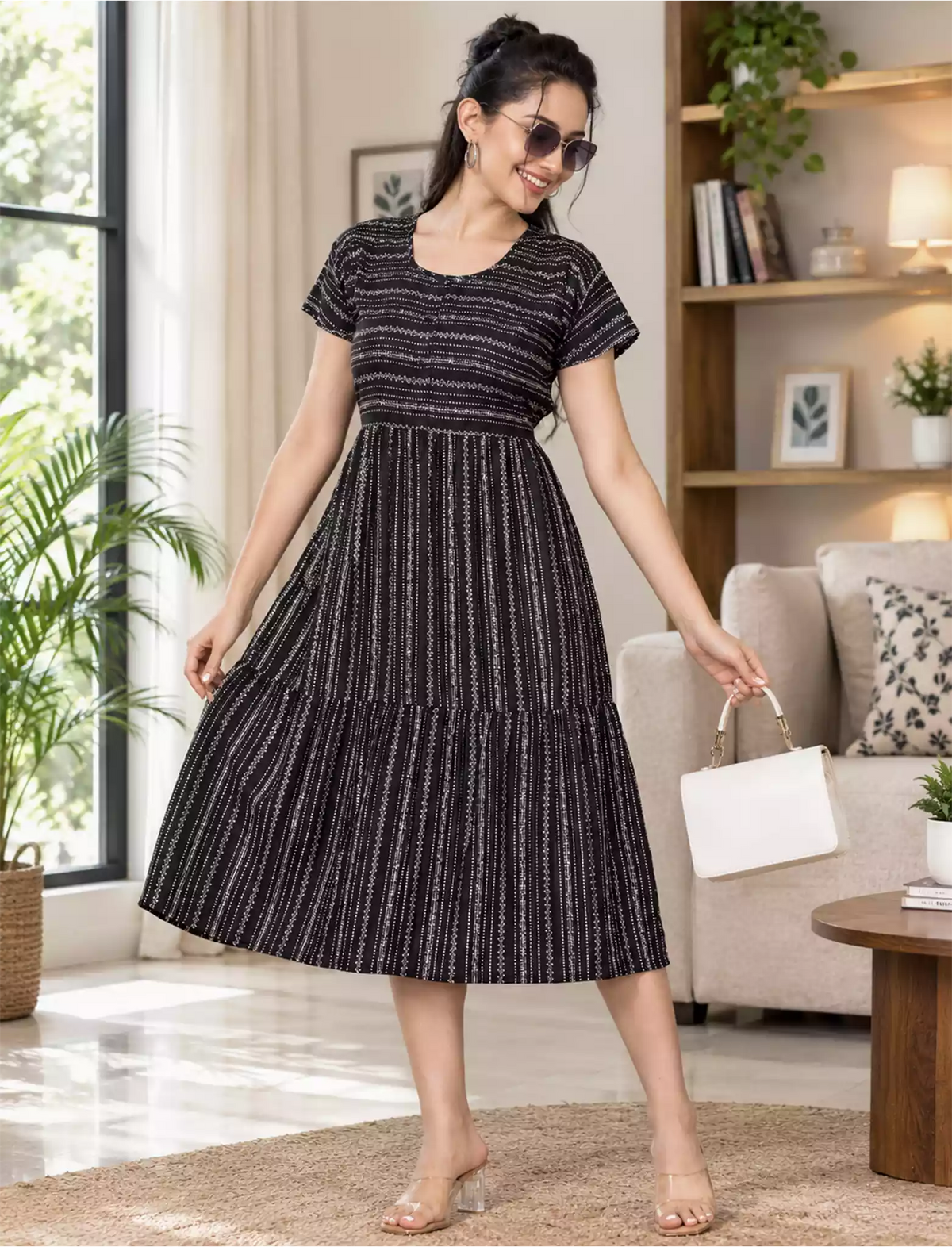 Alpine Petal Sleeve Floral Print Maxi Dress Fit - Mangai Nighties