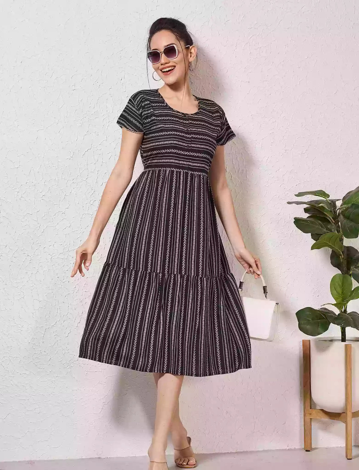 Alpine Petal Sleeve Floral Print Maxi Dress Fit - Mangai Nighties
