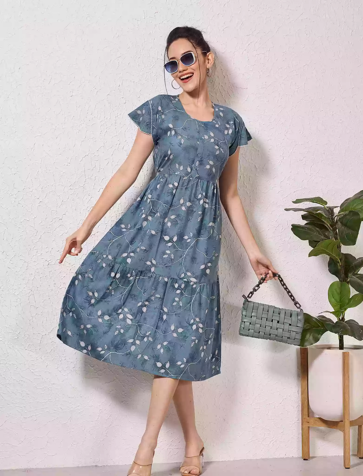 Alpine Petal Sleeve Floral Printed Maxi Dress Elegance - Mangai Nighties