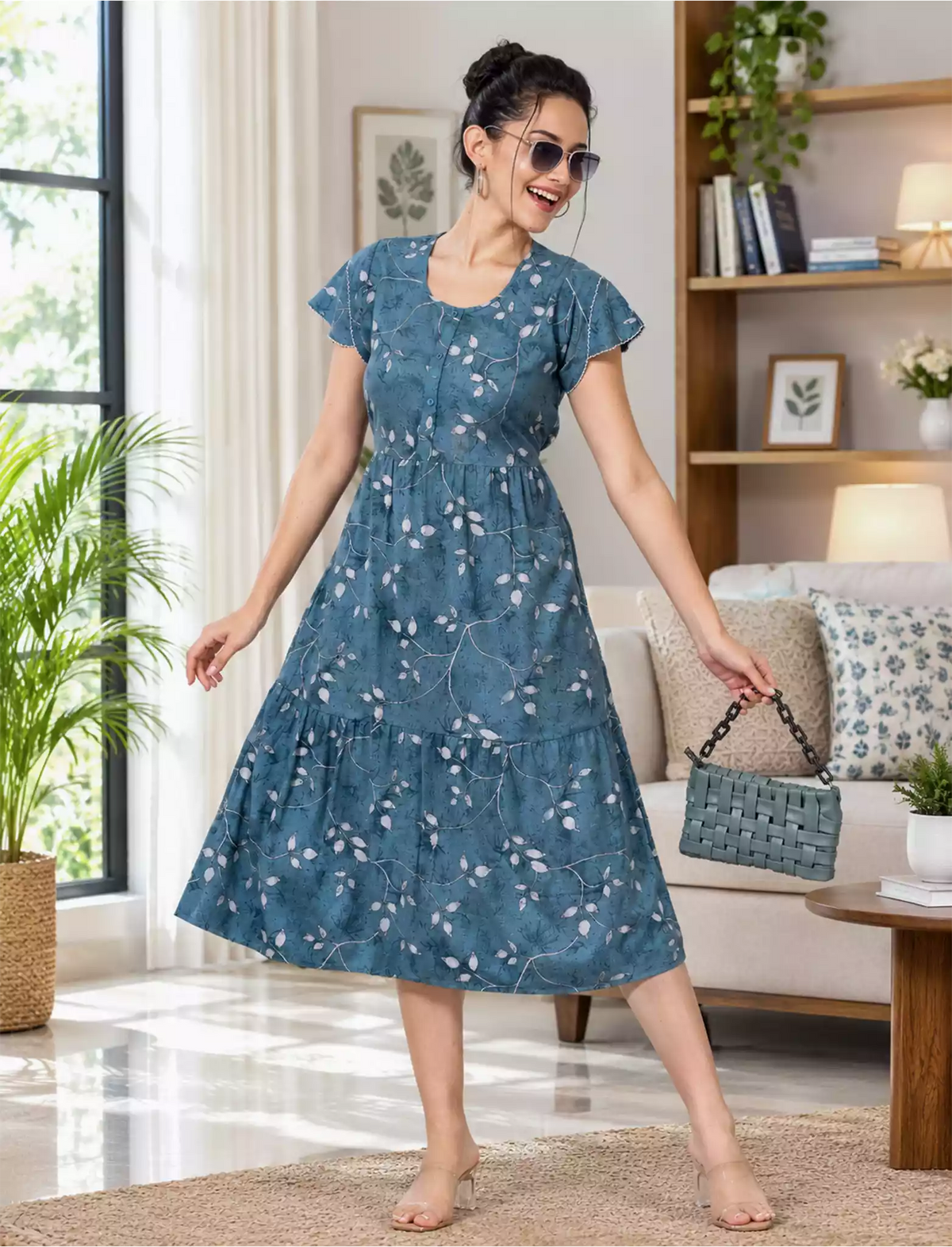 Alpine Petal Sleeve Floral Printed Maxi Dress Elegance - Mangai Nighties