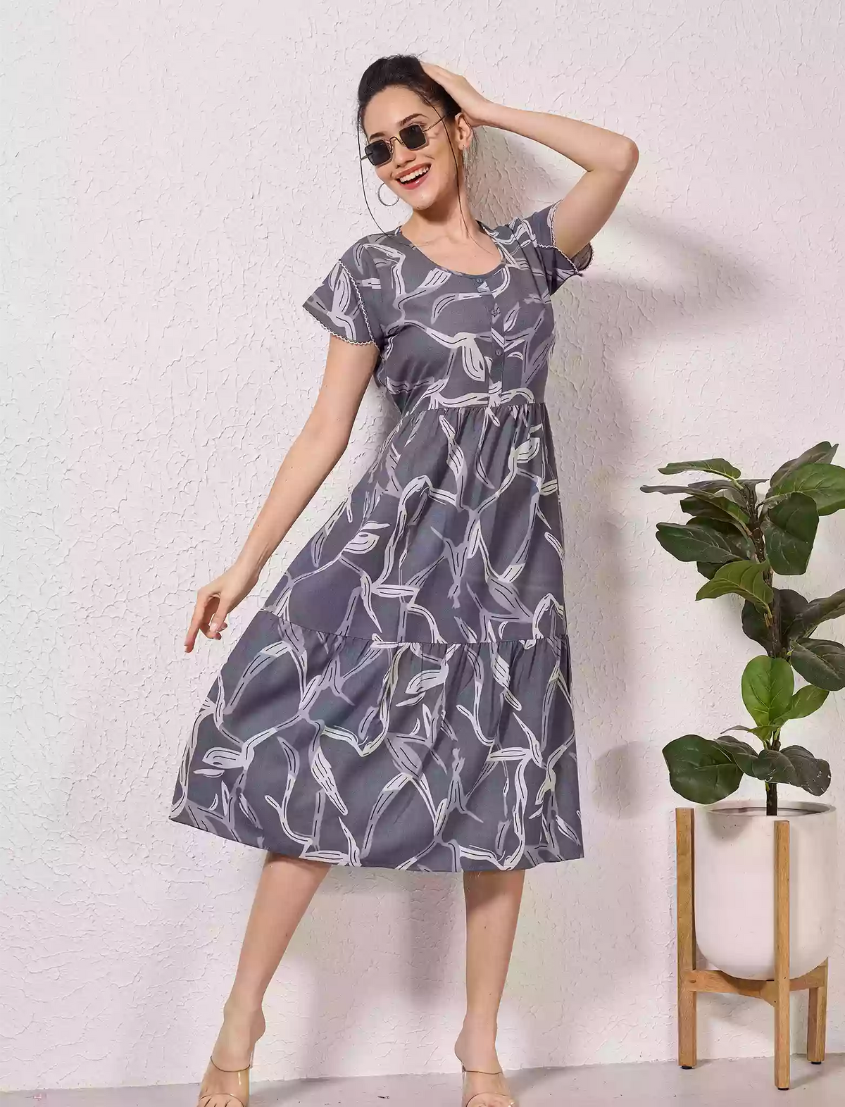 Alpine Petal Sleeve Floral Print Maxi Dress Fit - Mangai Nighties