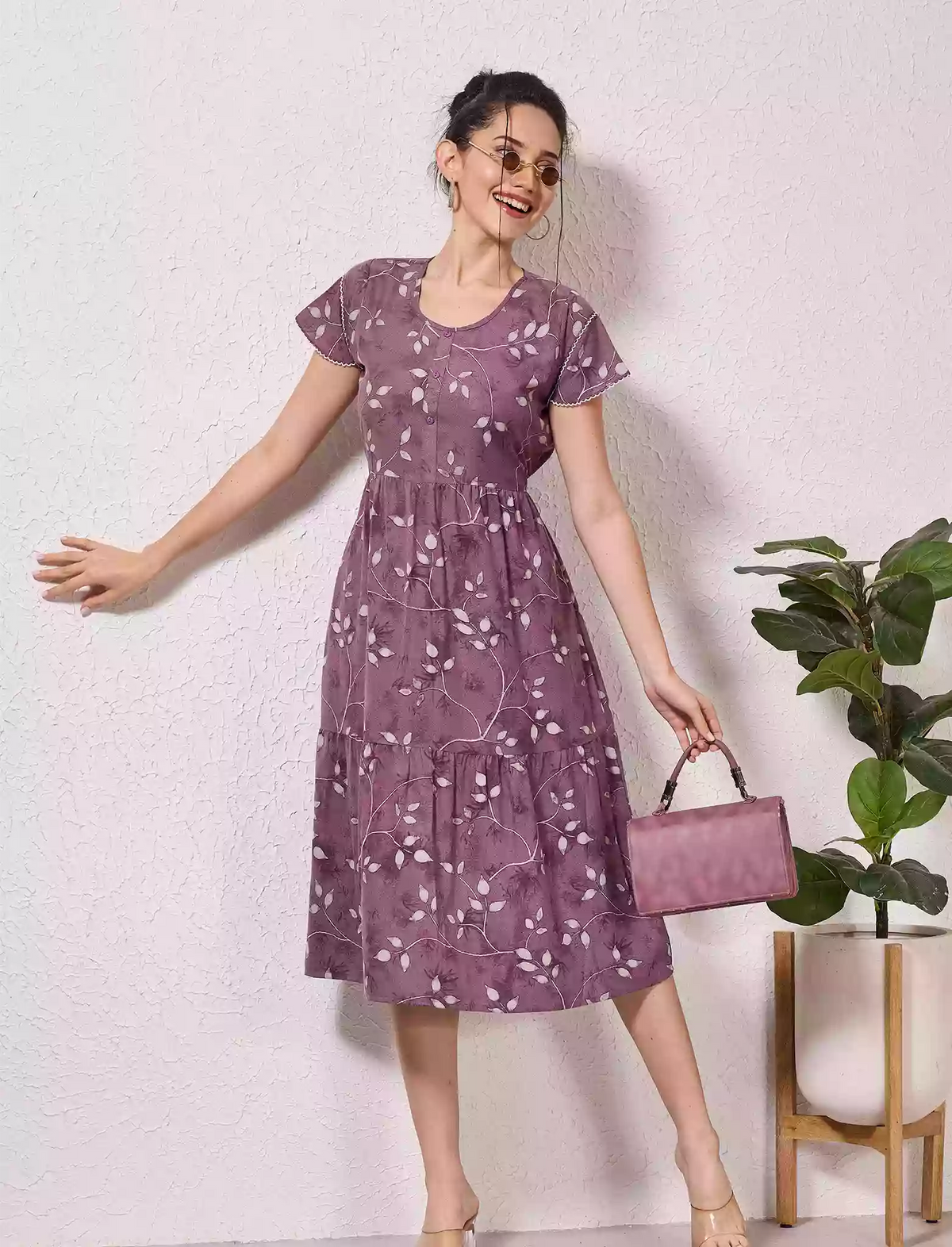 Alpine Petal Sleeve Floral Printed Maxi Dress Elegance - Mangai Nighties